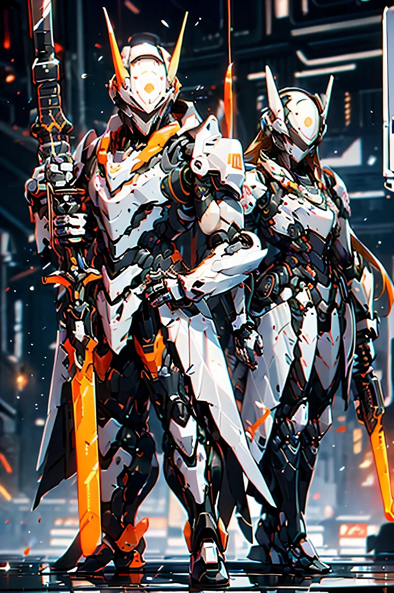 Mecha_daughter, 1 girl, long_hair, _novel, arms, 光sword, Keep_sword, resource_Eye, alone, headdresources, Keep_arms, Mecha, broken into pieces, Red and black color, angel halo, 悲伤的Eye, Upper body, mermaid line, robot with red flames and black body Keep red flames sword