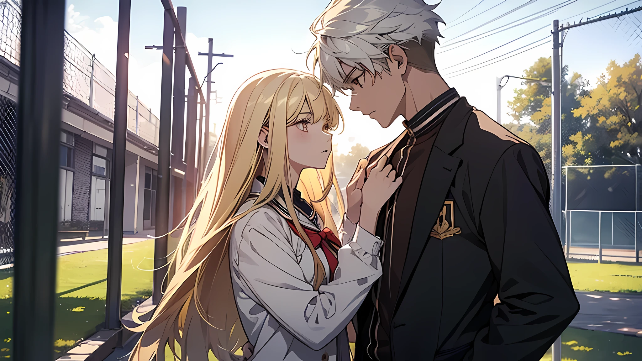 A young anime boy with short yellow hair wearing a white school uniform around 18 years old,With a girl with long white hair and a white school uniform, two people stood on the school playground and talked(The background is on the school playground:1.5),Anime style 4K,Anime rendering,style of anime,8K fineness,(Upper body display:1.5)(Cinematic lighting:1.5, perfect face, perfect body, detailed eyes, detailed nose