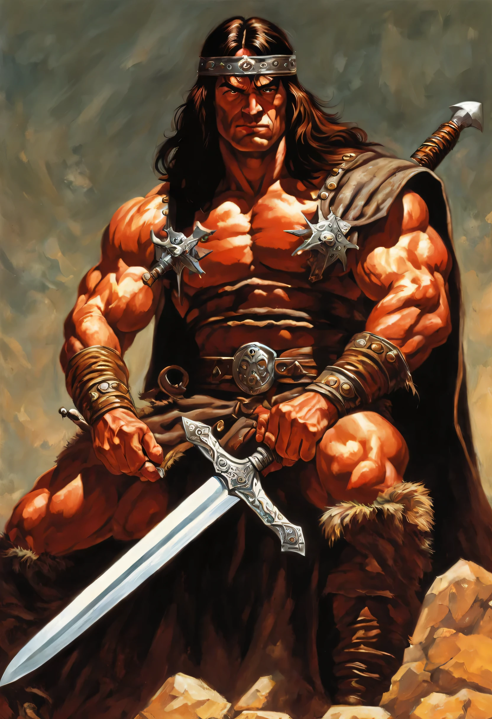 A painting of a man with a sword and a sword in his hand, an illustration inspired by Joe Jusko, Destaque no Zbrush Central, Arte de Fantasia, Mark Brooks Frank Frazetta, Conan, Conan the Barbarian, Frank Frazetta8k, portrait of Conan the Barbarian, Frank Frazetta Manga Style, Conan the Barbarian illustration, Frank Frazetta Daarken