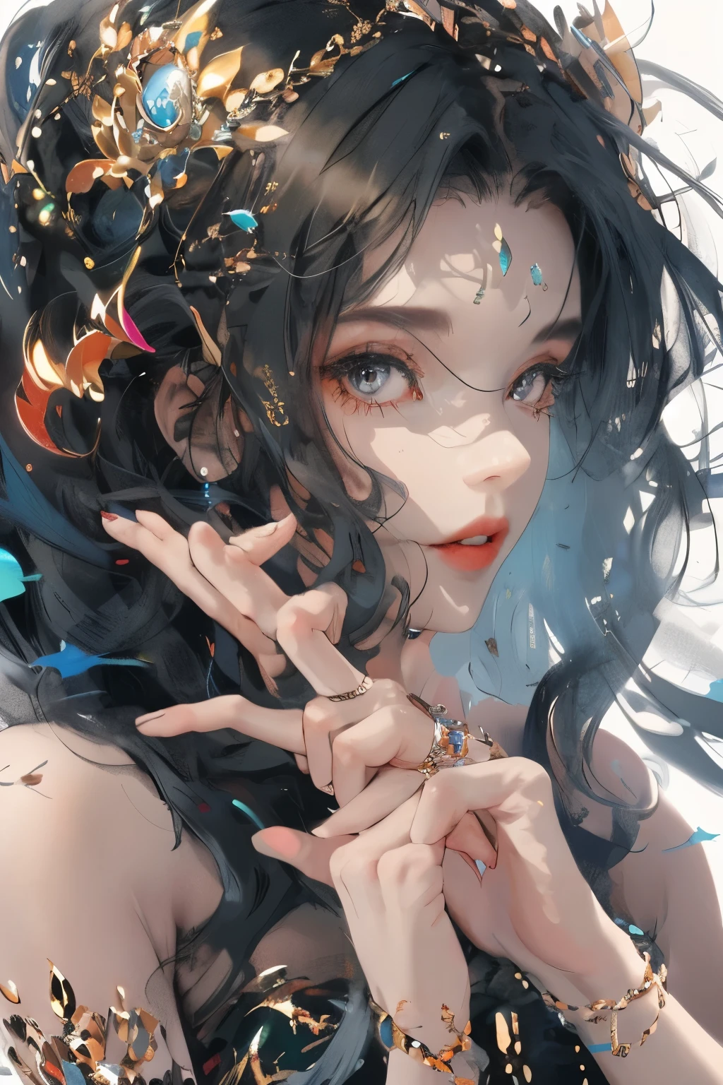 1 girl,her black hair, luxury, Wavy, Gracefully falls on the shoulders,It flowed gently over her face, Give it a touch of glamour.