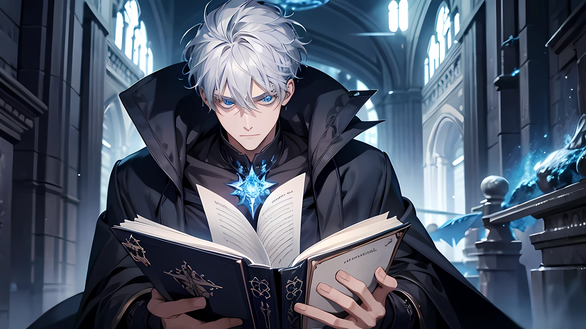 {[{{"Magnificent dark atmosphere, Being in a magical world, 4k artwork of man with gray hair and glowing blue eyes, short-haired, Read the spellbook, Studying diligently.Intellectual impression"}]}}, perfect face, perfect body, perfect eyes, perfect nose