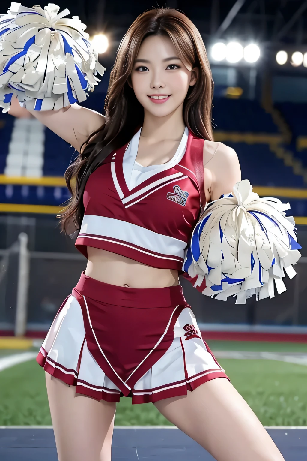 (top-quality、8K、masterpiece:1.3)、(Realisticity、real picture:1.1), 1girl in, (FULL BODYSHOT:1.5)、accurate anatomy、Balance Diagram、Smaller head、Big eyes、(Cheerleading women:1.8)、facing front、(Extremely beautiful face:1.2)、(Perfect body shape beauty: 1.1)、 Great body, (爆乳)、(Competition uniforms:1.1)、(Tight white uniform:1.1), 美丽的面容、A detailed face、big eye、cleavage of the breast、big breasts thin waist、Navel、Crotch gap、(Train toned buttocks、buttocks of a large and beautiful shape,,,,, :1.1)、Wearing jogging shoes、Beautiful and seductive smile、(Bright smile:1.4)、prety woman、(A detailed eye)、(Long curled hair)、Maroon hair、The background is a dome stadium、blur backgroun、Perspective、