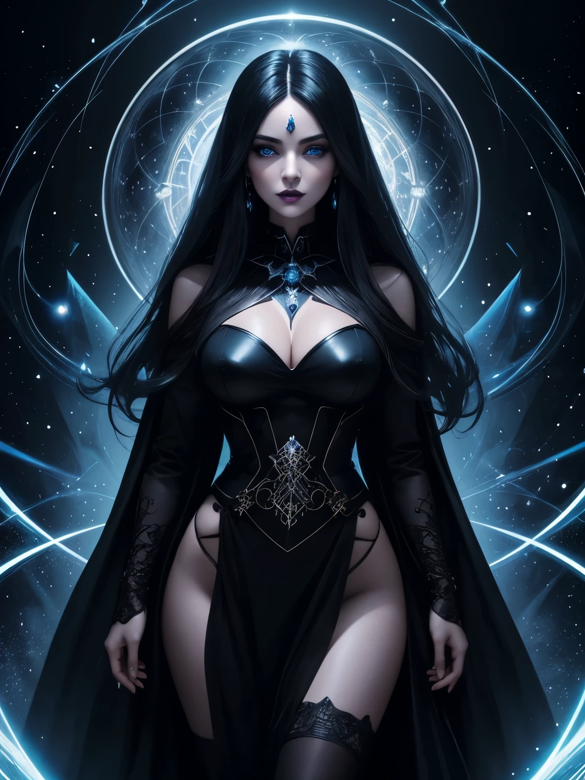 Portrait, beautiful witch with black hair and a black dress, hourglass figure, symmetrical figure, highly detailed face, beautiful face, blue eyes, lush black lips, alluring, stunning digital illustration, mysterious quantum environment, cosmic elements and ethereal atmosphere