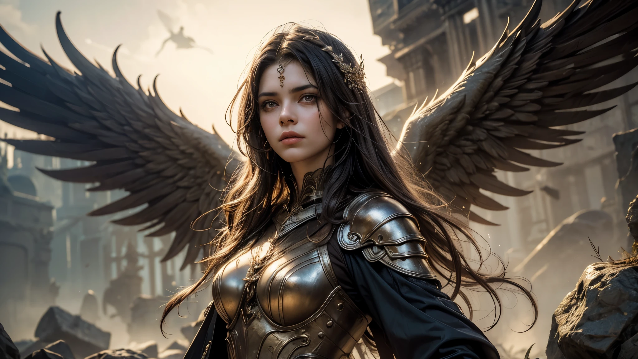 (1 woman, alone, god, wings, very long brown hair, very long white hair, fantasy, magic, mist, armor, antique dress in two colors), (Surrealism, depth of field, cinematic lighting, ray tracing, 85mm, close-up, dramatic pose, dramatic photo, symmetrical eyes, complex background), (masterpiece, textured skin, super detail, award winning, best quality, 16k, HDR),