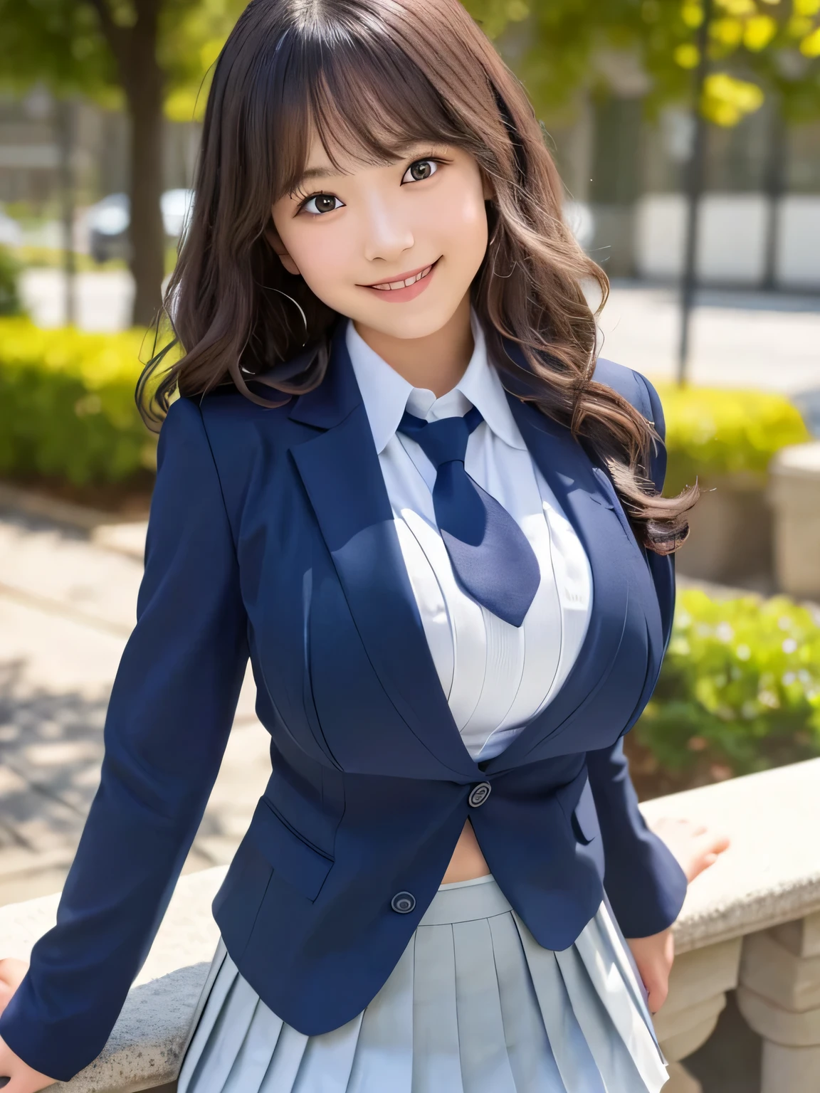 8K, highest quality, real image, intricate details, Super detailed, ultra high resolution, depth field,(realistic,realistic:1.2), (black eye), From the middle, 1 Japanese female, very beautiful 17 year old girl, Big eyes, beautiful breasts:1.5、highly detailed eyes:1.2), (beautiful breasts:1.1), (small breasts:1.5), wavy hair、curly hair、bangs, perfect skin, Fair skin, huge hips, thick thighs, thick legs, cleavage, tight waist, light blush, alone, looking at the viewer, (smile:1.4), ((School_uniform),(dark blue blazer), (white shirt、Wearing a tie), (gray pleated skirt), (sculpture installation :1.1)