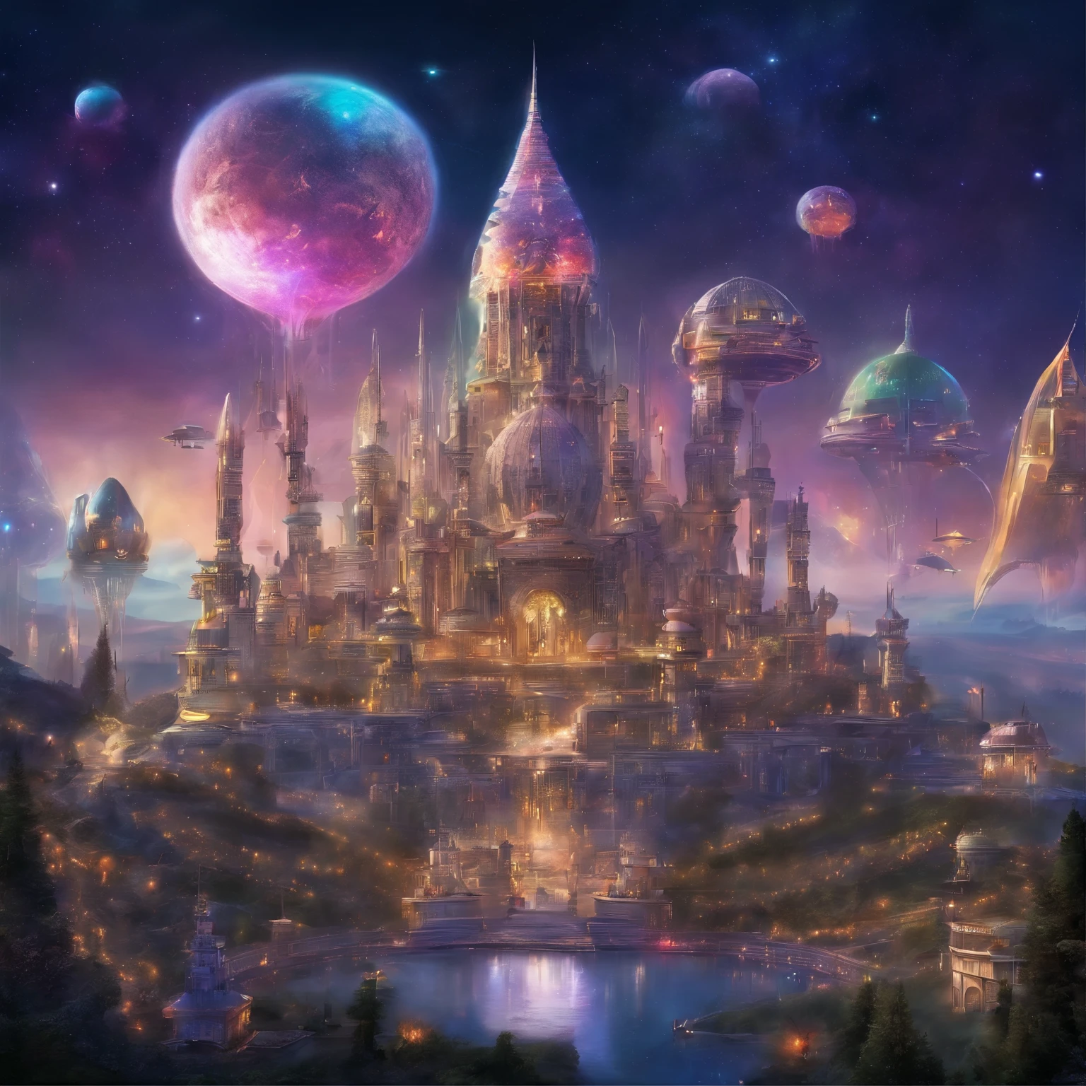 An intergalactic civilization, very advanced buildings, futuristic flying machines, lasers, technology, masterpiece, (photorealistic: 1.3), lights from buildings, night, chromatic abberation, people wearing futuristic suits, hyper realistic