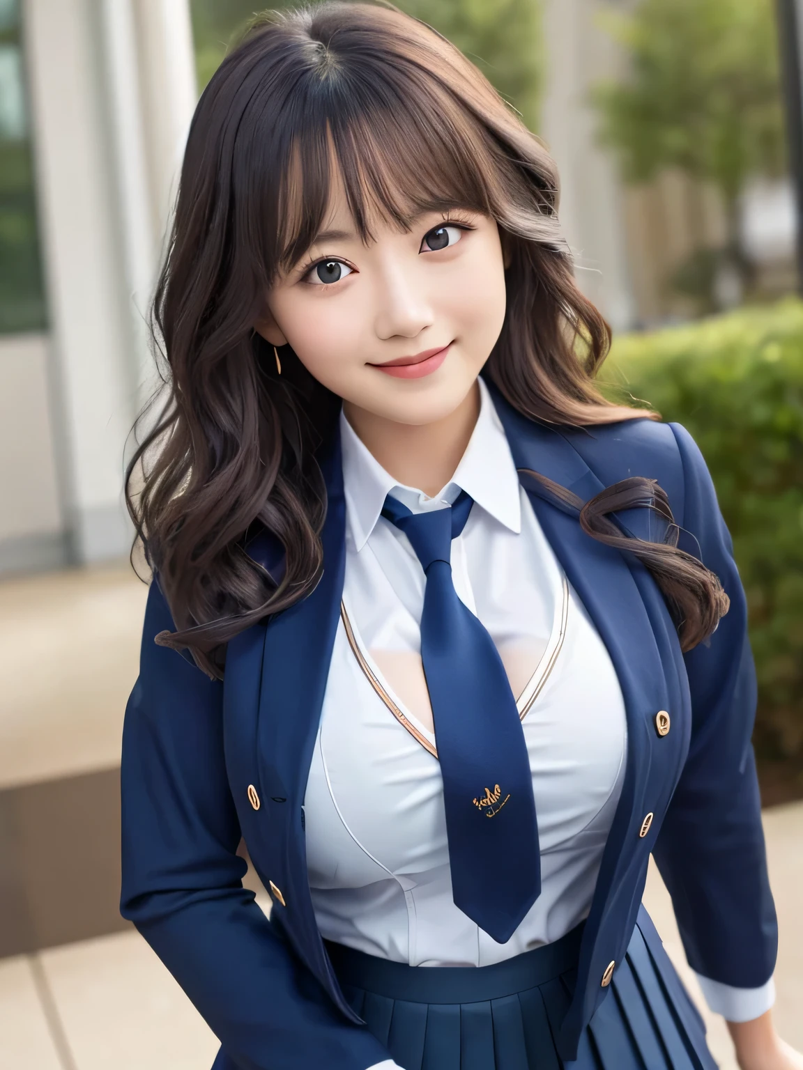8K, highest quality, real image, intricate details, Super detailed, ultra high resolution, depth field,(realistic,realistic:1.2), (black eye), From the middle, 1 Japanese female, very beautiful 17 year old girl, Big eyes, beautiful breasts:1.5、highly detailed eyes:1.2), (beautiful breasts:1.1), (small breasts:1.5), wavy hair、curly hair、bangs, perfect skin, Fair skin, huge hips, thick thighs, thick legs, cleavage, tight waist, light blush, alone, looking at the viewer, (smile:1.4), ((School_uniform),(dark blue blazer), (white shirt、Wearing a tie), (gray pleated skirt), (sculpture installation :1.1)
