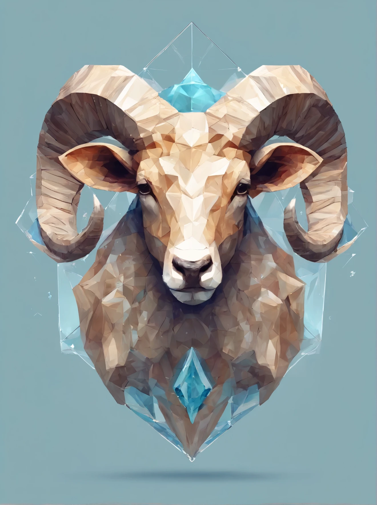 aries with diamonds, aries zodiac sign, crystal surrounding, Standing position, Abstract beauty, Centered, Looking at the camera, Facing the camera, nearing perfection, Dynamic, Highly detailed, smooth, Sharp focus, 8K, high definition resolution, illustration, Art by Carne Griffiths and Wadim Kashin, blue background, crystal reflections
