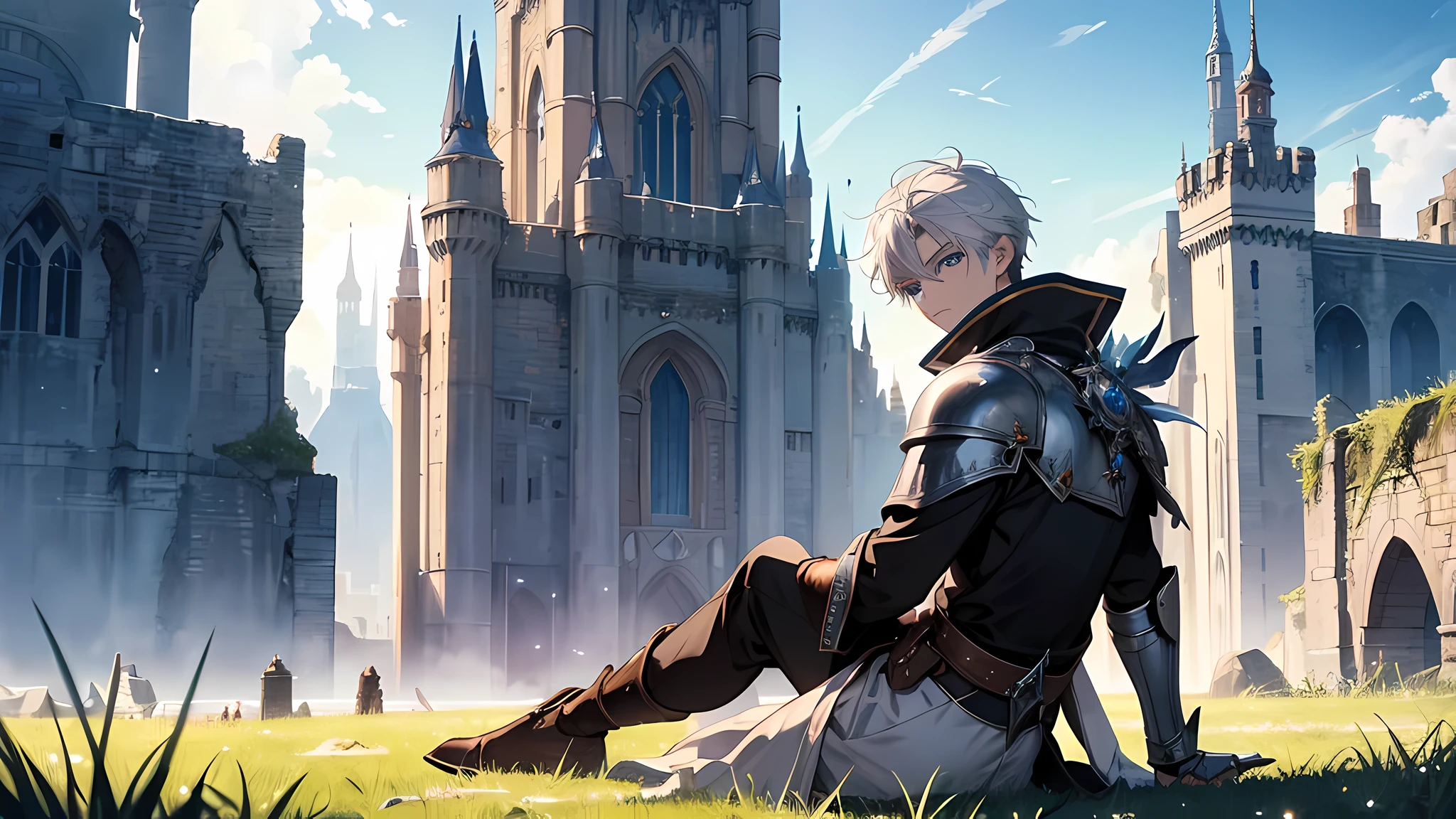 1 boy sitting on a grassy field, spellcasting pose, <mmorpgs scene, ( castle in the background ), sliver ice color reflected armor, holding a pudica pose, spiritual scene, ruins in the background, near crystal temple in atlantis, in front of a fantasy city, nixeu and sakimichan, gear aurora ,8k high quality artwork, fantasy artwork, fantasy anime artwork, short white hair, blue eyes, detailed face, detailed eyes, perfect body
