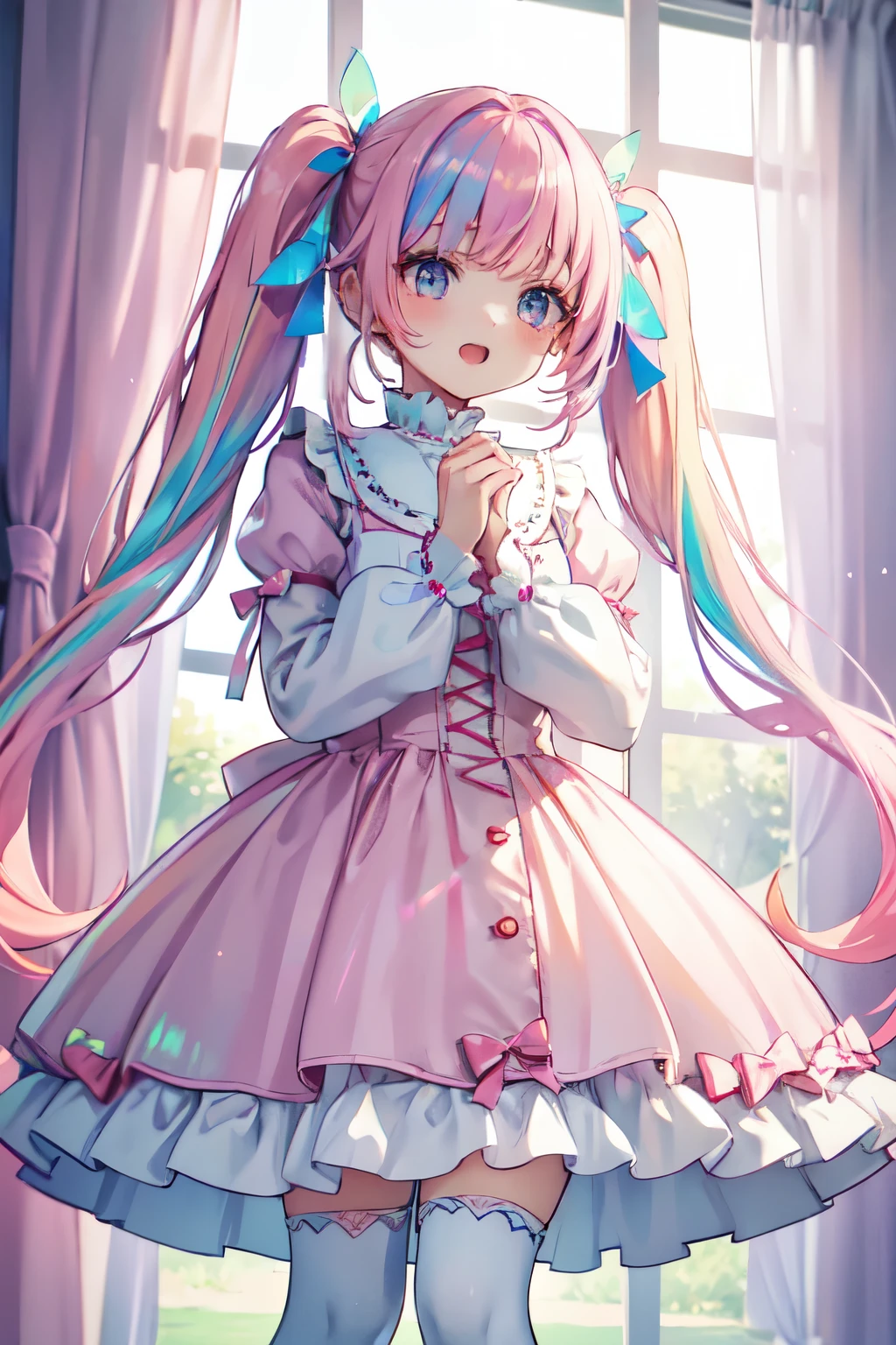 (8K, Best Quality, Master Piece: 1.2), Super High Resolution,beautiful woman, super detailed face, detailed eyes,(pink hair, light blue multicolored hair),blunt bang,twintails,open mouth,BREAK,candy and stripes patterned ****ta fashion,white knee-high socks,lavender color dress,pink bed with canopy,detailed hands and fingers,(iridescent light:1.4) ,standing,cute room with canopy pink bed that captivates viewers