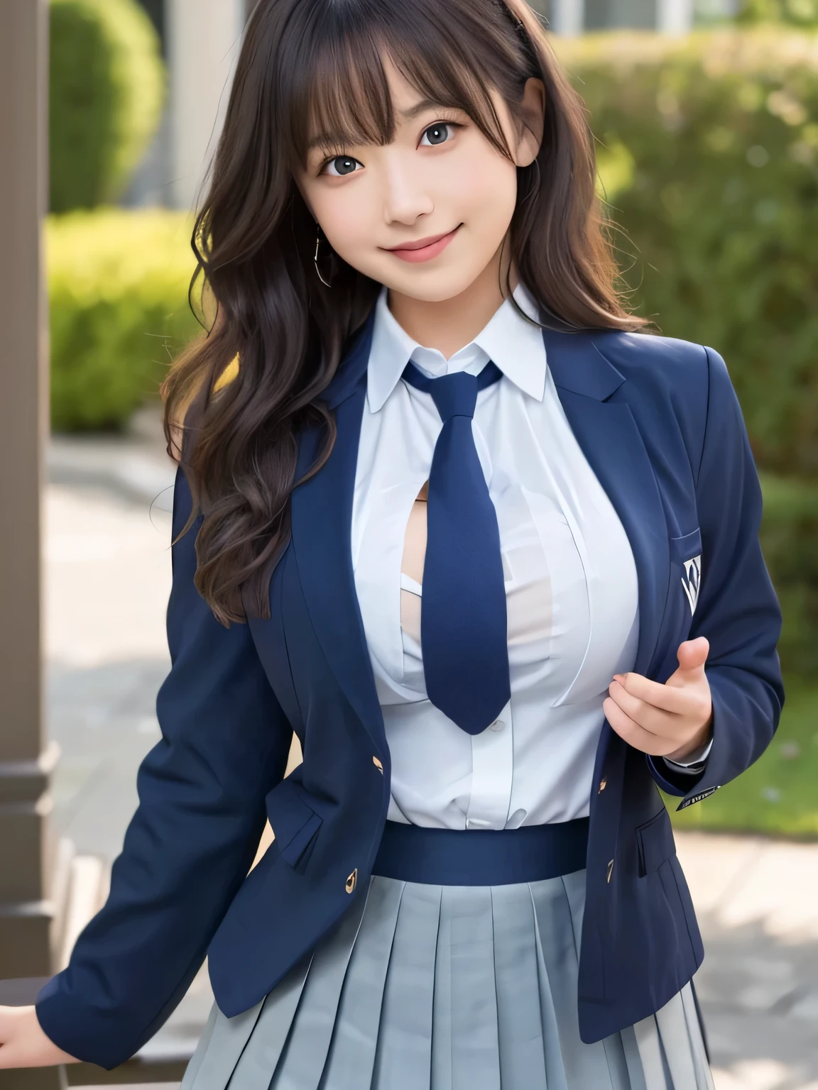 8K, highest quality, real image, intricate details, Super detailed, ultra high resolution, depth field,(realistic,realistic:1.2), (black eye), From the middle, 1 Japanese female, very beautiful 17 year old girl, Big eyes, beautiful breasts:1.5、highly detailed eyes:1.2), (beautiful breasts:1.1), (small breasts:1.5), wavy hair、curly hair、bangs, perfect skin, Fair skin, huge hips, thick thighs, thick legs, cleavage, tight waist, light blush, alone, looking at the viewer, (smile:1.4), ((School_uniform),(dark blue blazer), (white shirt、Wearing a tie), (gray pleated skirt), (sculpture installation :1.1)