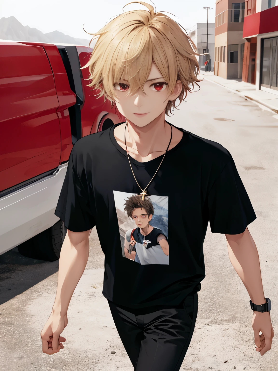 1 man,solo,20 years old,Walking in the desert,,half body photo,HD face,Focus on face,cross necklace,handsome,messy hair,Perfect face, detailed face, short hair, blonde hair,black t-shirt, Plain t-shirt,black t-shirt,short sleeve t-shirt,black trousers, Long pants,red eyes,bright red eyes, vampire