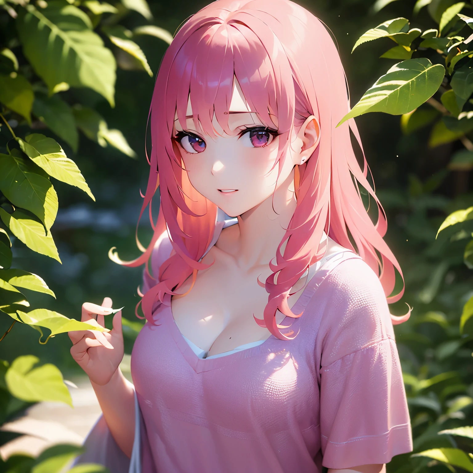 Placing hand on chest, holiding a small box, genkan, JMG0, shooting from above, Upper body is shown、cleavage, Realistic, real person, RAW photo, photorealistic, portrait photography, shiny skin, japanese idol、pink hair、Wavy medium hair with bangs、20 year old woman with pink eyes、Wearing a blue T-shirt、smiling expression、Alone