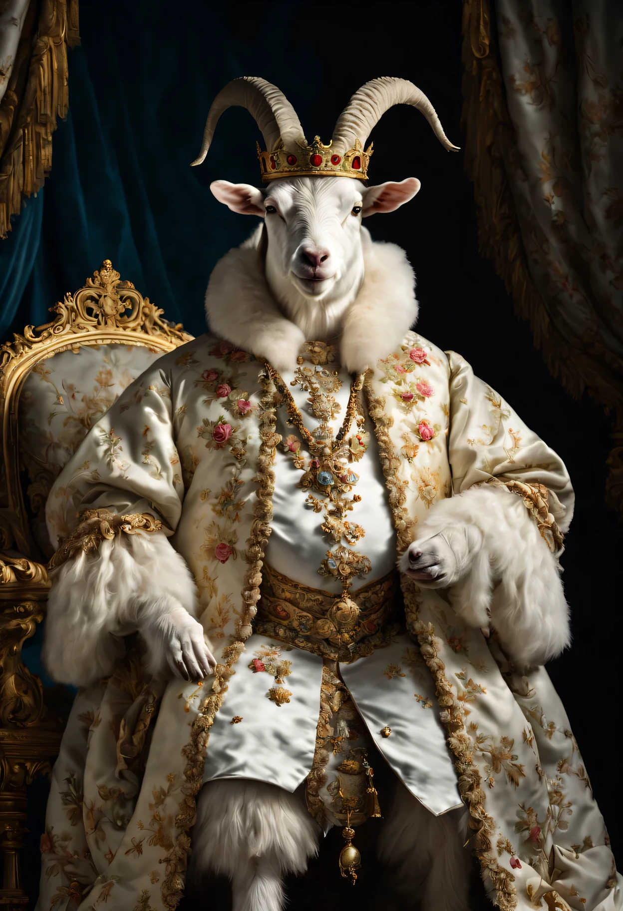 photorealistic portrait of Dressed animals - a ((fat )) white goat king, (full body image:1.5), Wearing luxury sack-back gown,(wearing luxury crown),holding scepter, Old-fashioned luxury clothes, detailed and opulent description of a king's aristocratic sack-back gown in Rococo style, sitting on the throne, emphasizing luxurious fabrics, intricate embroidery, and ornate accessories, Rococo style background