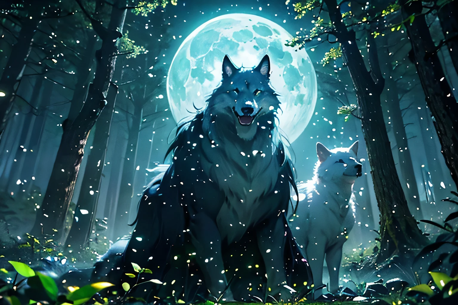 (best quality,4K,8 thousand,mackerel,masterpiece:1.2),very detailed,(realistic,photorealistic,photo-realistic:1.37),White Wolf,Dark Forest,detailed fur, piercing blue eyes,lush greenery,Sinister atmosphere,majestic,a strong position,tall trees,Mysterious Shadow,Moonlight shining through tree branches,silence of the night,hauntingly beautiful,ethereal,soft dew drops on leaves,pristine clarity,soft moonlight,serene silence,Breeze,sublime solitude,enchanted forest,moving stillness,fierce guardian,a cautious gaze,untamed wilderness,alpha of the pack,ancient wisdom,Distant cry of a nocturnal creature,anticipation,vivid colors,a striking contrast,magical atmosphere,dark hue,great,awe-inspiring,spiritual connection.