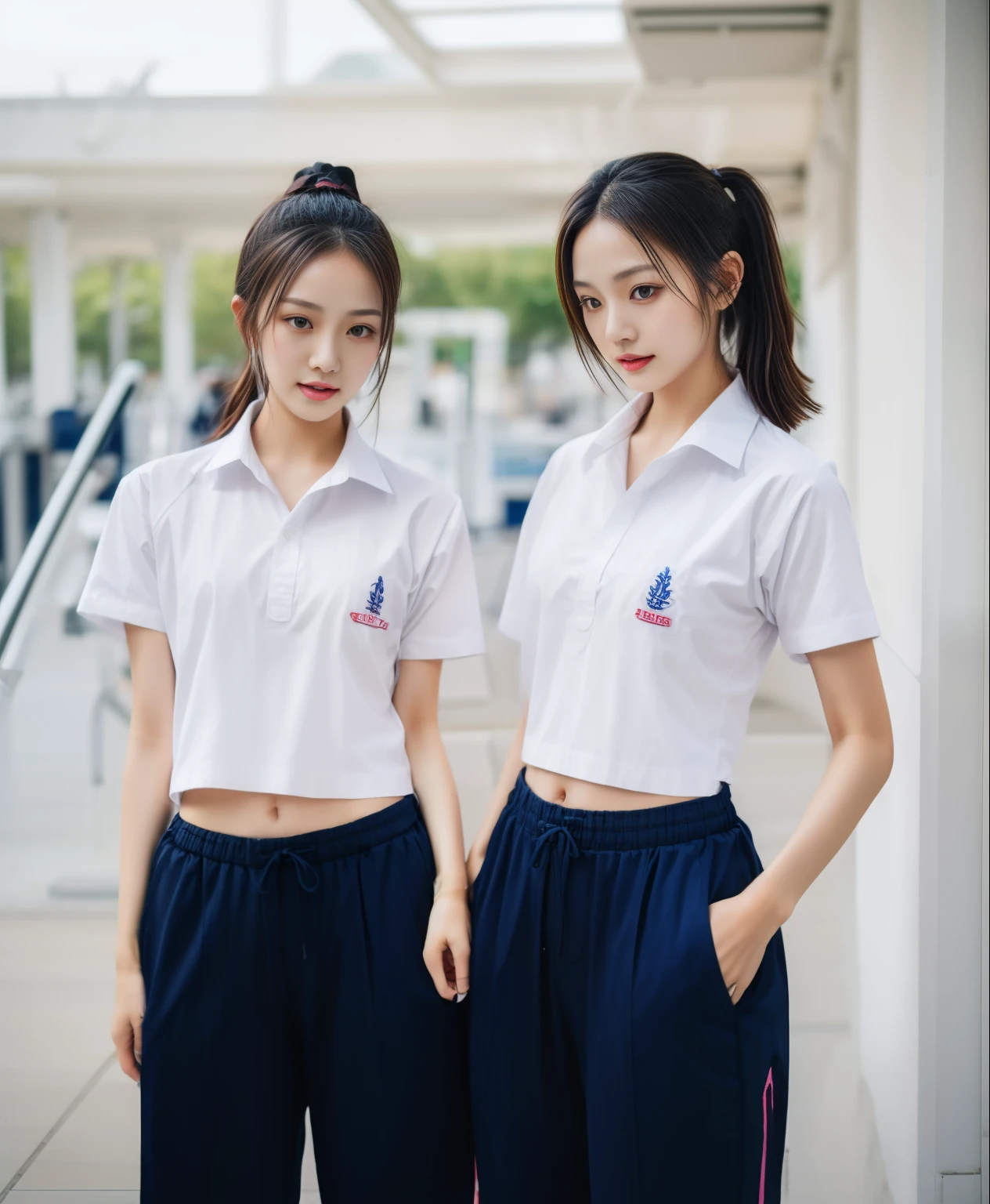 3 girls in fitness center, Navy blue short-sleeved shirt,Navy Long Trackpant,Sweatpants, Sweatpantsขายาว,25 year old girl, lesbian, sexy, exercise clothes, wet body, exercise clothes