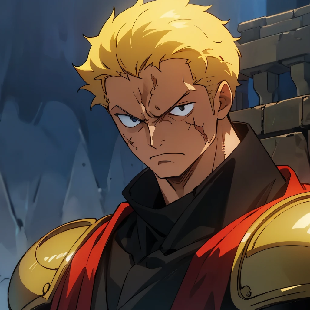 He is portrayed as a tall, muscular man with short blond hair and sharp eyes. He has scars on his face, the result of past battles, and is often seen looking serious and determined. He is wearing light armor, the royal guard profession.