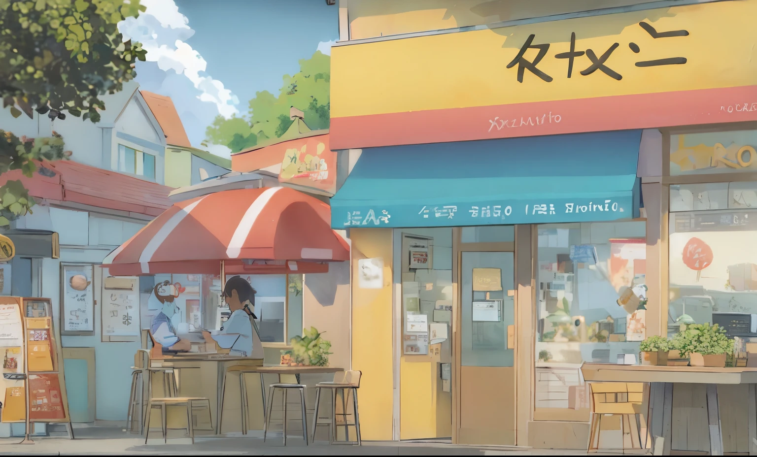 Anime style illustration of a coffee shop on a street corner, Cheerful landscape, Anime background art, colorful anime movie background, Studio Gribly Makoto Shinkai, bubble, Makoto Shinkai&#39;s style, in Makoto Shinkai&#39;s style, ( ( makoto shinkai ) ), anime movie background, makoto shinkai. — hour 2160