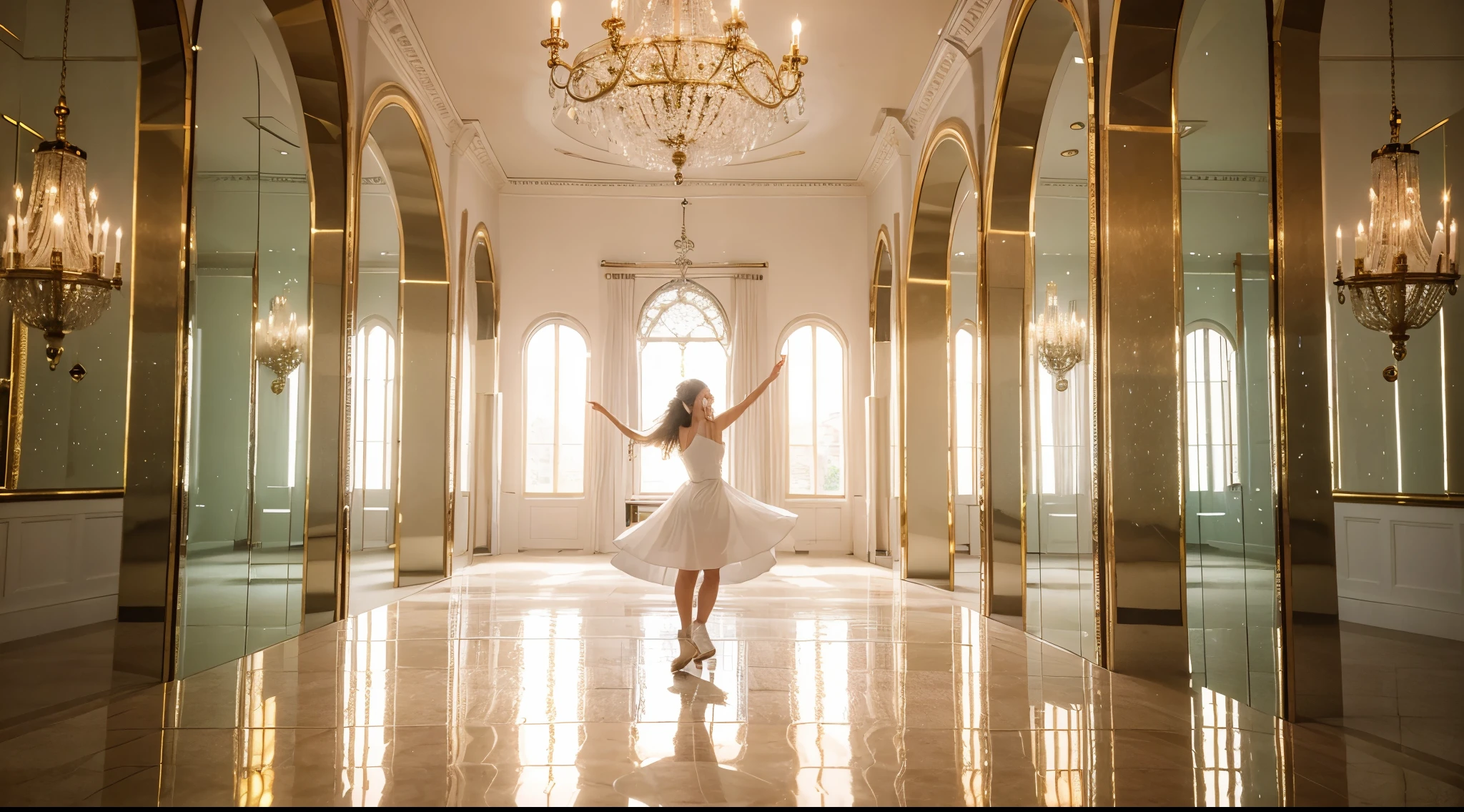 A dancing girl in a bright white dress in a hall of mirrors, her reflections clear across the magnificant hall that tapers towards eternity. Dust motes pepper the hall with their enigmatic beauty, (8K, best quality, masterpiece)
