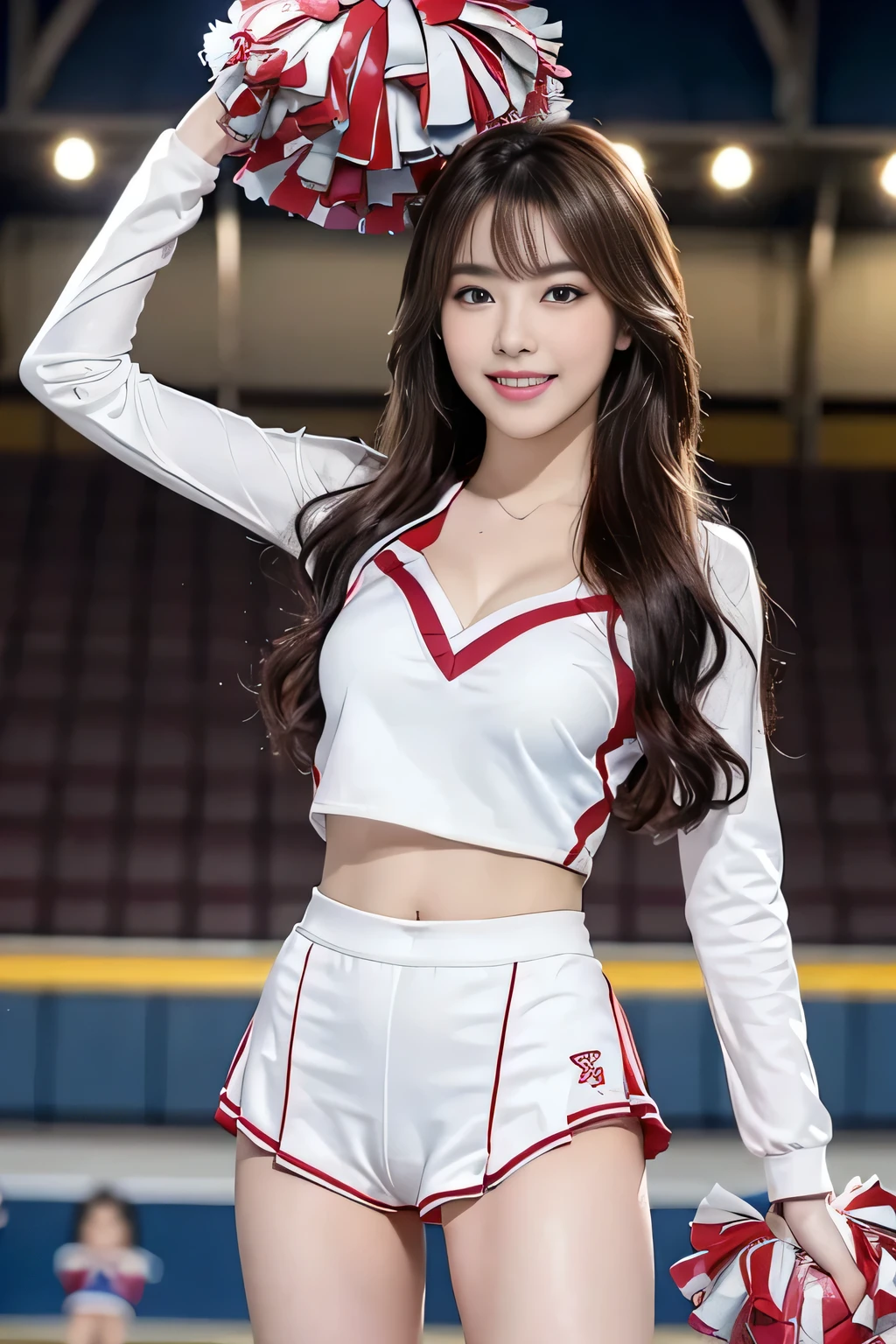 (top-quality、8K、masterpiece:1.3)、(Realisticity、real picture:1.1), 1girl in, (FULL BODYSHOT:1.5)、accurate anatomy、Balance Diagram、Smaller head、Big eyes、(Cheerleading women:1.8)、facing front、(Extremely beautiful face:1.2)、(Perfect body shape beauty: 1.1)、 Great body, (爆乳)、(Competition uniforms:1.1)、(Tight white uniform:1.1), 美丽的面容、A detailed face、big eye、cleavage of the breast、big breasts thin waist、Navel、Crotch gap、(Train toned buttocks、buttocks of a large and beautiful shape,,,,, :1.1)、Wearing jogging shoes、Beautiful and seductive smile、(Bright smile:1.4)、prety woman、(A detailed eye)、(Long curled hair)、Maroon hair、The background is a dome stadium、blur backgroun、Perspective、