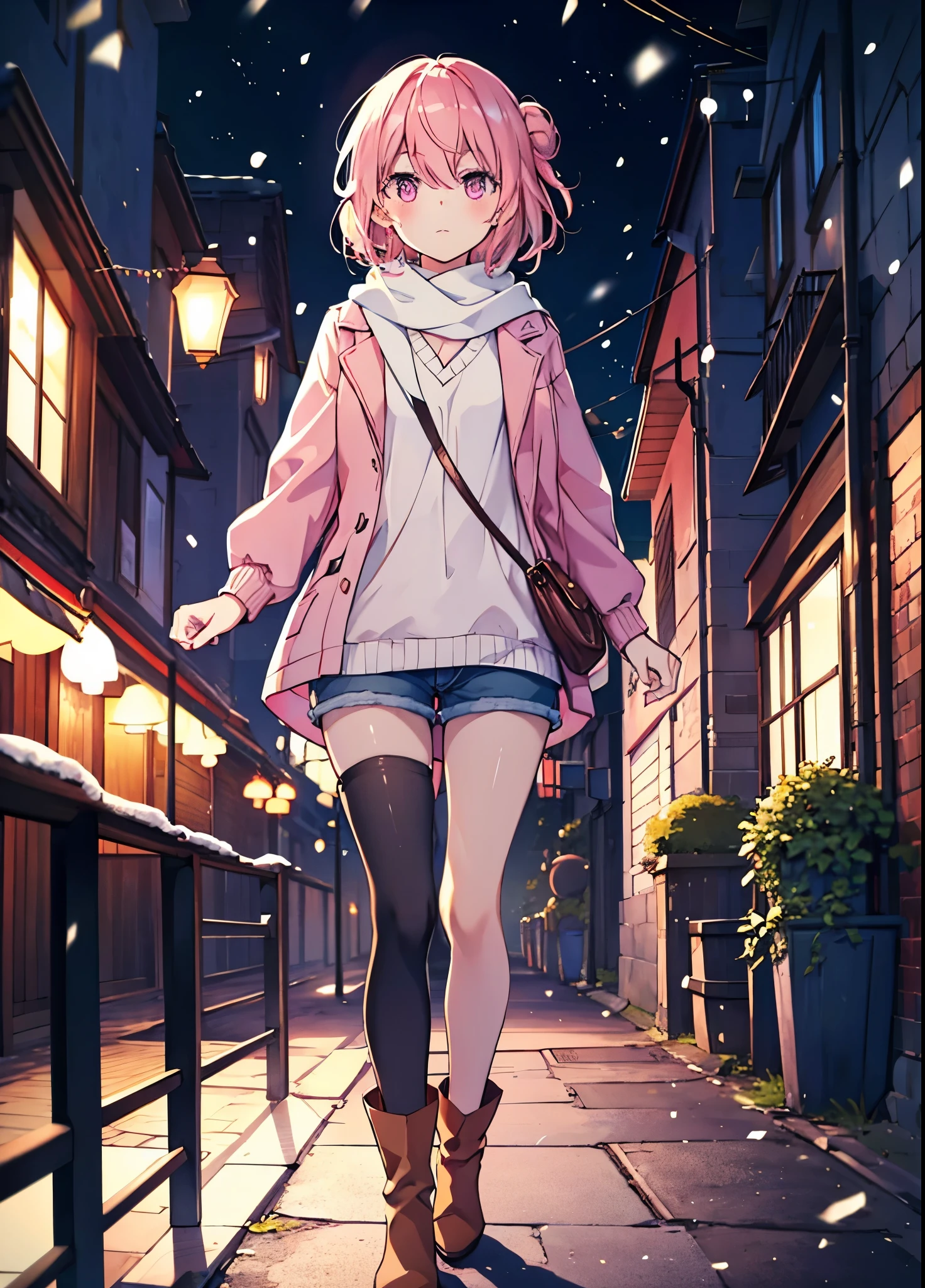 table top, high quality, 最high quality, High resolution, 4K, High resolution, beautiful lighting,highly detailed face, well drawn hands, beautifully drawn legs,well drawn feet,well drawn eyes,1 girl, short hair, pink hair, pink eyes, Yui, bun hair,red coat，scarf，white long sweater，shorts，Black Pantyhose King，black short boots，in the street、that&#39;that&#39;It&#39;s snowing，walk，-thatで，