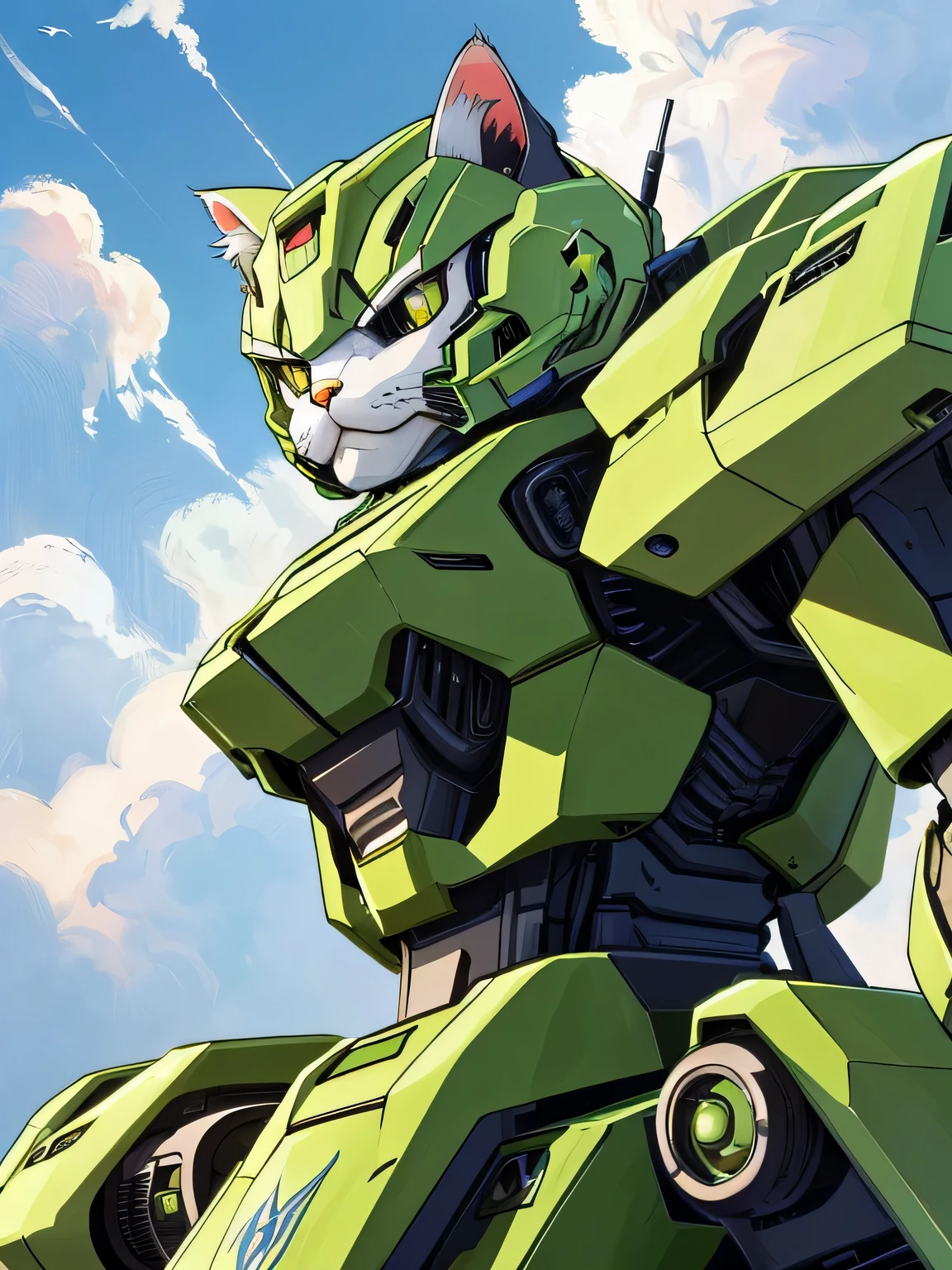 Unorganized solutions, High resolution, (masterpiece: 1.3), hyper detail, Mecha, (((cat design))),Green armor, floating in the sky (1.8) Against the background of blue sky and white clouds