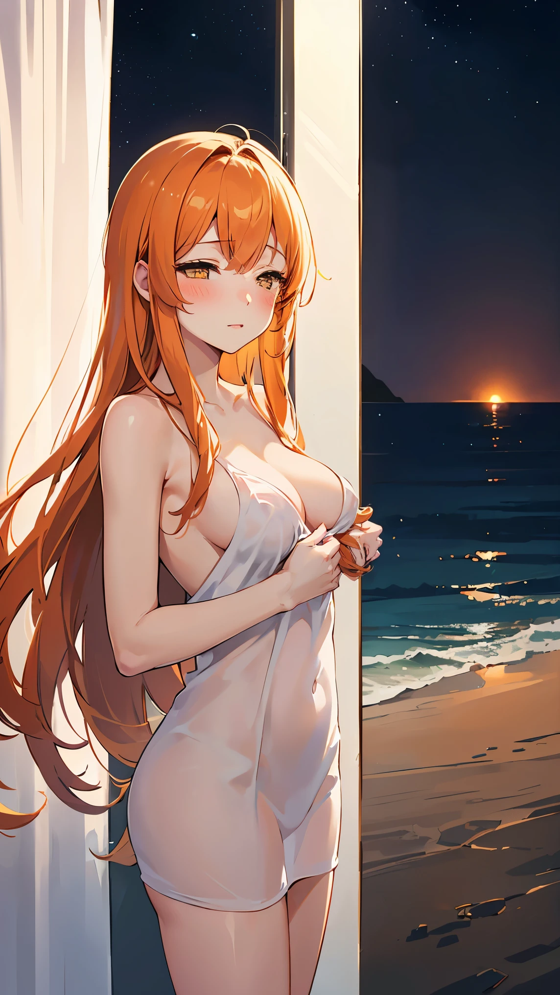 1girl, (blush:1.3, shy:1.2, half-closed eyes:1.1), long hair, curtain hair, orange hair, yellow eyes, medium breast, wallpaper, landscape, depth of field, night, beach, light particles, light rays, sidelighting, (completely naked:1.4) 