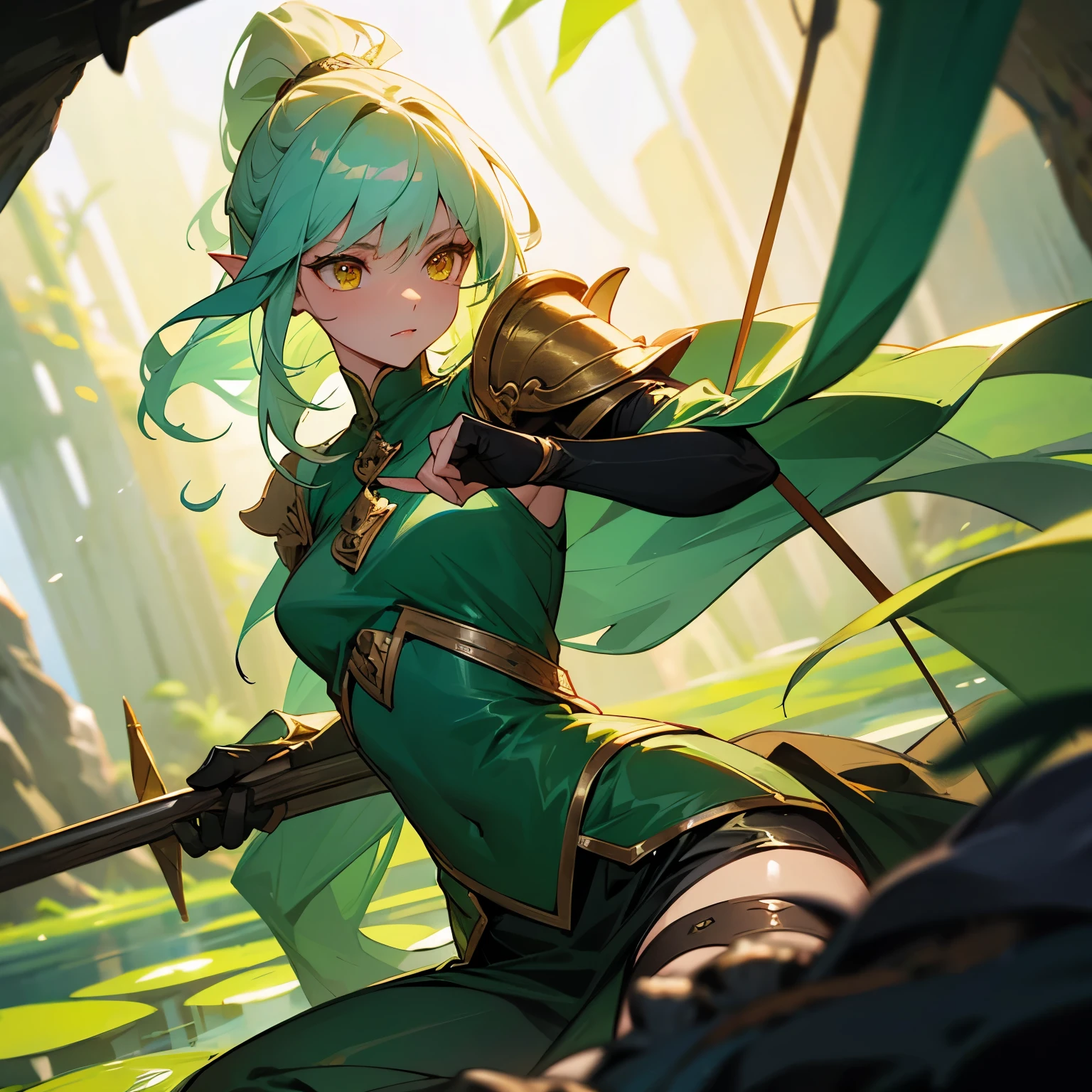 Giant emerald green dragon large yellow eyes resting in a cave with magic lighting from emerald crystals scattered throughout the cave small pond reflects the image young slender elven woman with long white hair in a ponytail wearing leather armor quiver with 5 arrows and bow sits beside the dragon