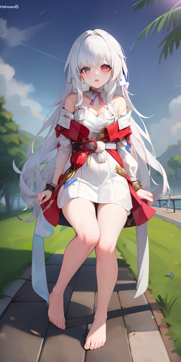 (masterpiece), best quality, 1girl, solo, clara, honkai_star_rail, white hair, outdoors, full body, barefoot, 