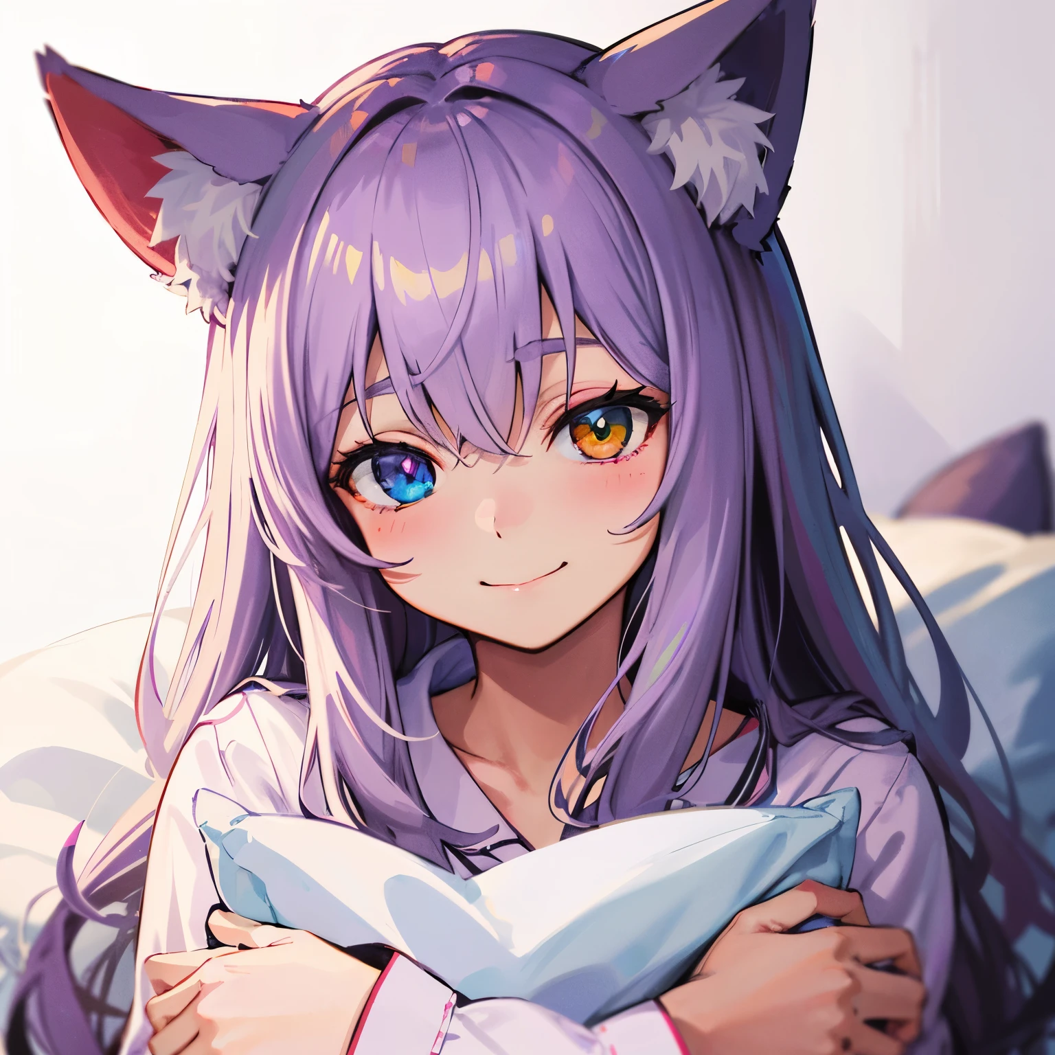 close-up portrait of ((solo catgirl)) hugging a pillow, light violet hair, nekomimi, simple plain background, innocent smile, pajamas, masterpiece, heterochromia, polychromia