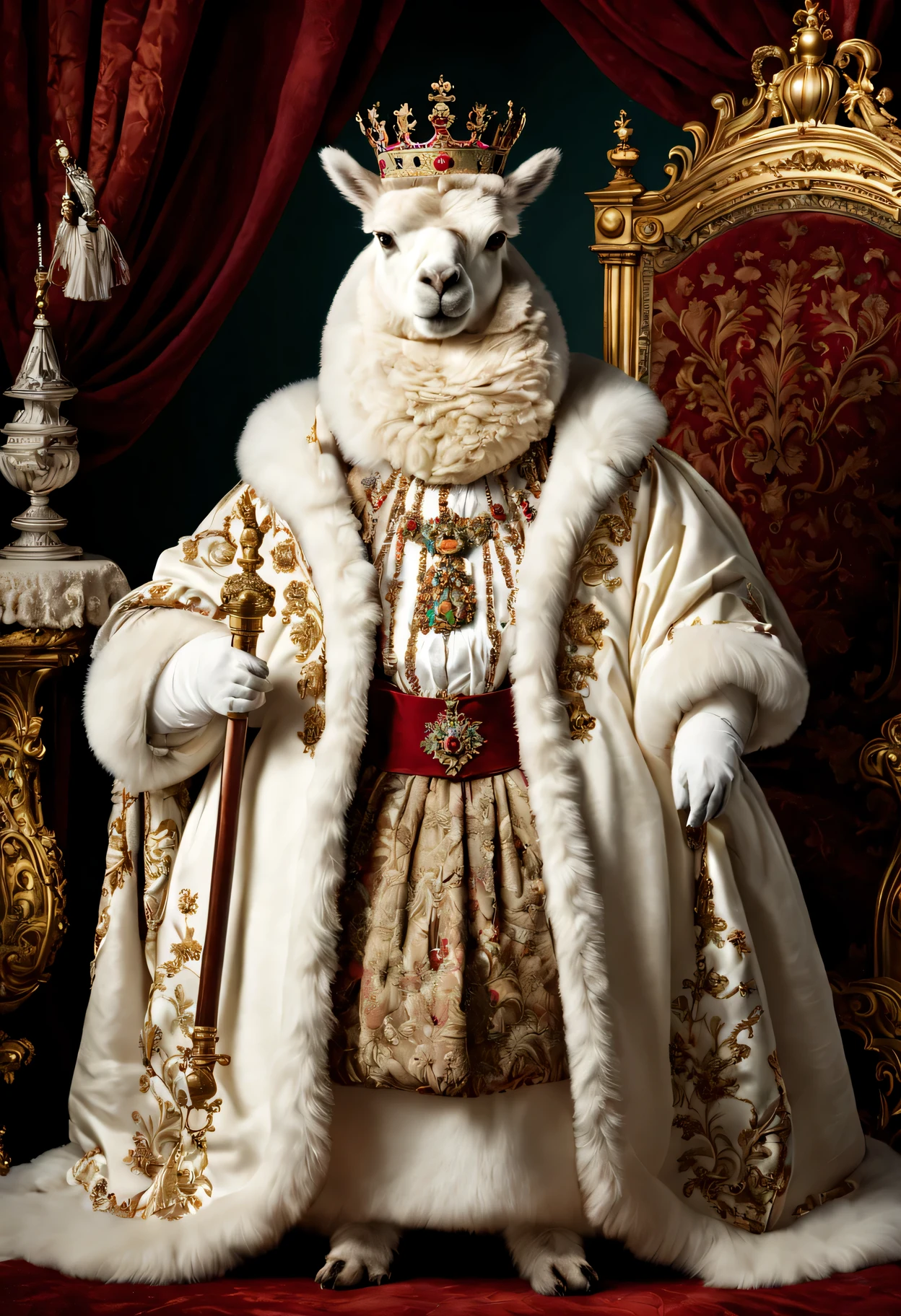 photorealistic portrait of Dressed animals - a ((fat )) white alpaca king, (full body image:1.5), Wearing luxury sack-back gown,(wearing luxury crown),holding scepter, Old-fashioned luxury clothes, detailed and opulent description of a king's aristocratic sack-back gown in Rococo style, sitting on the throne, emphasizing luxurious fabrics, intricate embroidery, and ornate accessories, Rococo style background