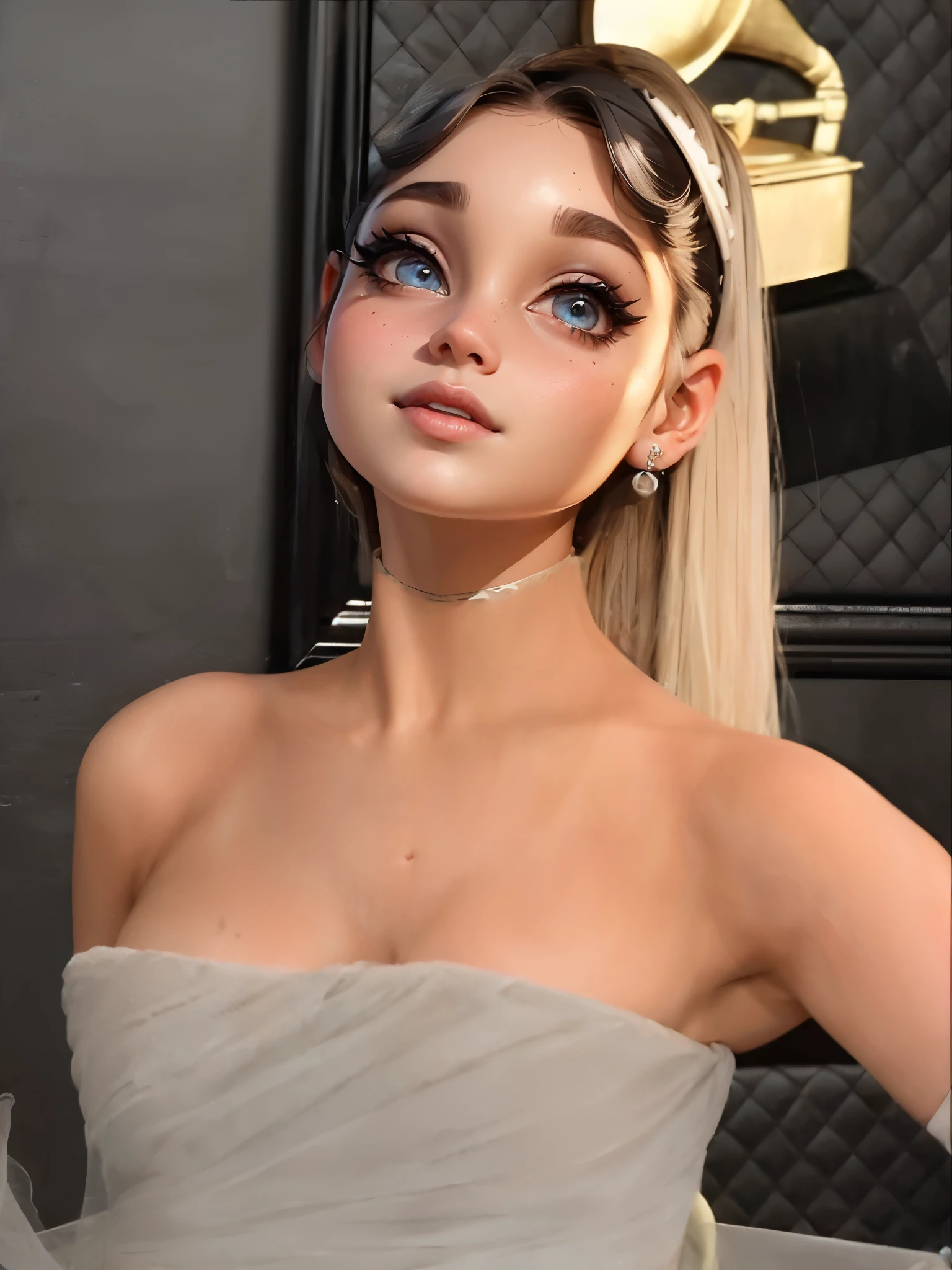 ariana is wearing a white dress and posing for the camera, ariana grande, portrait of ariana grande, ariana grande photography, cardi b, ariana grande as a mermaid, taken in the early 2020s, ariana grande in star wars, ariana grande in gta v, painting of ariana grande, looking off to the side, ariana grande as a sith, (highly detailed face:1.4) (smile:0.7) (background inside dark, moody, private study:1.3) POV, by lee jeffries, nikon d850, film stock photograph ,4 kodak portra 400 ,camera f1.6 lens ,rich colors ,hyper realistic ,lifelike texture, dramatic lighting , cinestill 800, (detailed eyes)