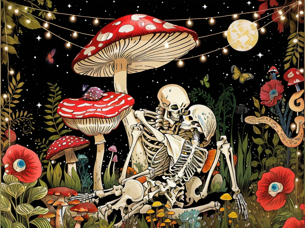 A skeleton sits on a chair in the center of the garden, psychedelic mumushroom dream, magic mumushroom, mushroom, mumushroom grow from the body, psychedelic mumushroom, 迷幻mushroom, Psychedelic illustration, mushroom林, 神奇mushroom, mycologist, psychedelic Surrealism art, Surrealism + Very detailed, Whimsical and psychedelic, Hallucinogens, overgrown with fungi