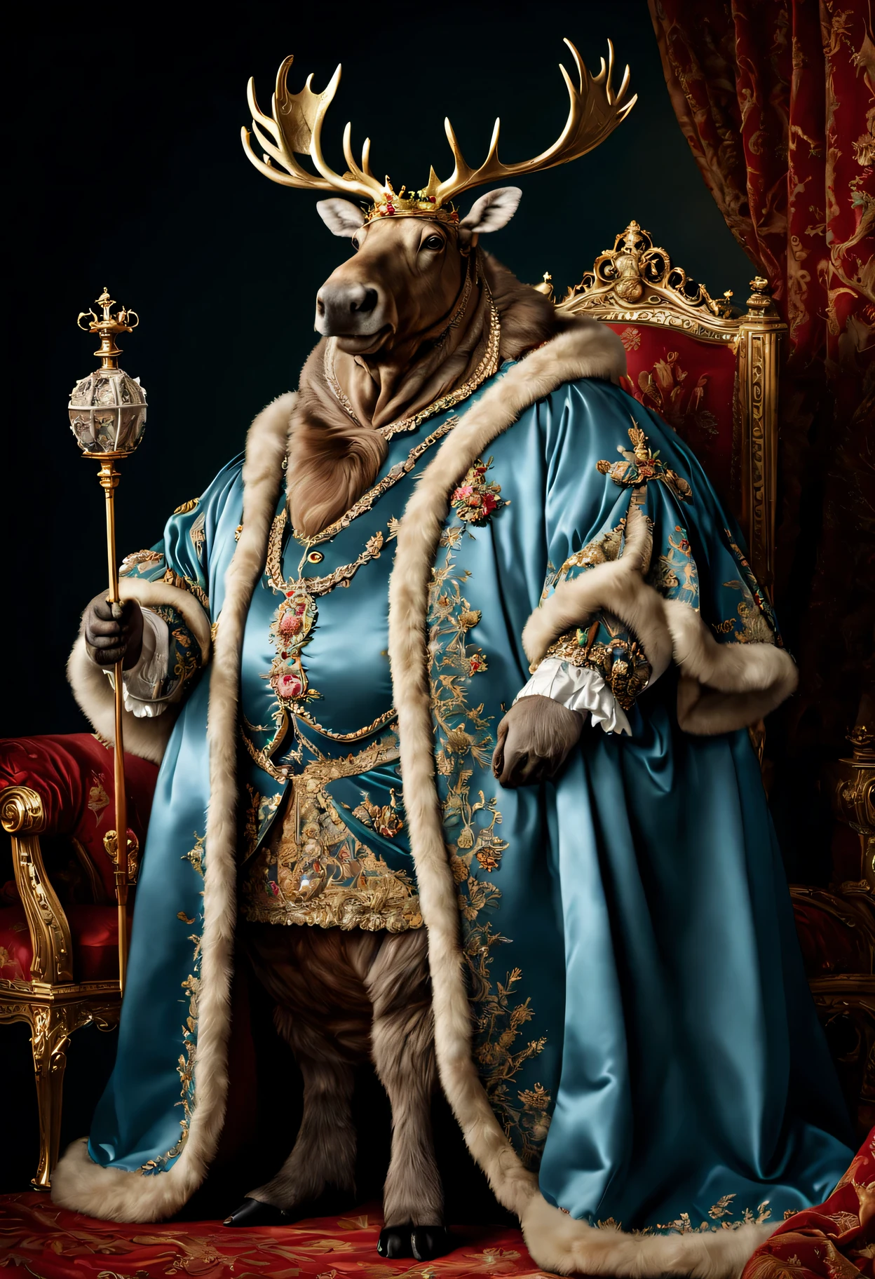 photorealistic portrait of Dressed animals - a ((fat )) moose king, (full body image:1.5), Wearing luxury sack-back gown,(wearing luxury crown),holding scepter, Old-fashioned luxury clothes, detailed and opulent description of a king's aristocratic sack-back gown in Rococo style, sitting on the throne, emphasizing luxurious fabrics, intricate embroidery, and ornate accessories, Rococo style background