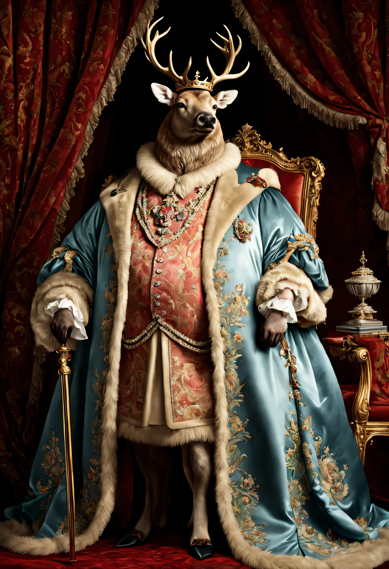 photorealistic portrait of Dressed animals - a ((fat )) elk king, (full body image:1.5), Wearing luxury sack-back gown,(wearing luxury crown),holding scepter, Old-fashioned luxury clothes, detailed and opulent description of a king's aristocratic sack-back gown in Rococo style, sitting on the throne, emphasizing luxurious fabrics, intricate embroidery, and ornate accessories, Rococo style background