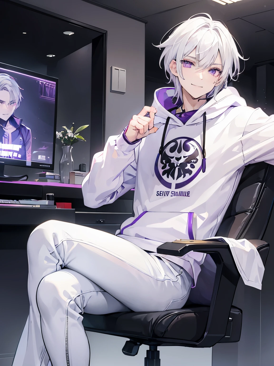 ((A Man!!!)) with white hair, purple eyes, taper faid hair, white hoodie, long black jeans, ((smile)), badass, gentle, manly, in living room, was sitting in a gaming chair.