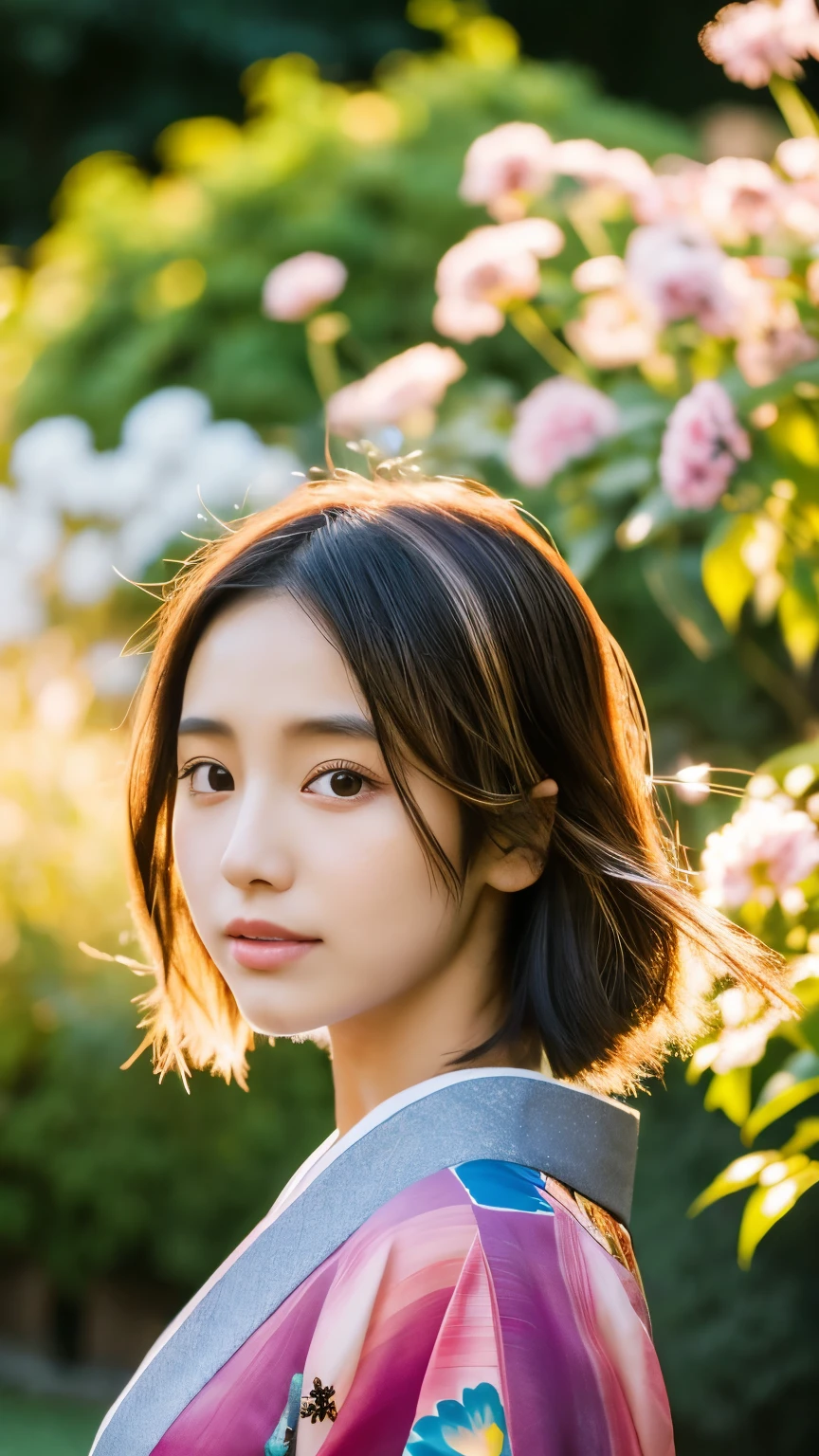 1 Japanese girl，masterpiece， A lock of hair with slight highlights, black eyes, mixed media, Sexy，garden background，Gorgeous kimono , Liquid color flows across her face, sunset，Yui Aragaki