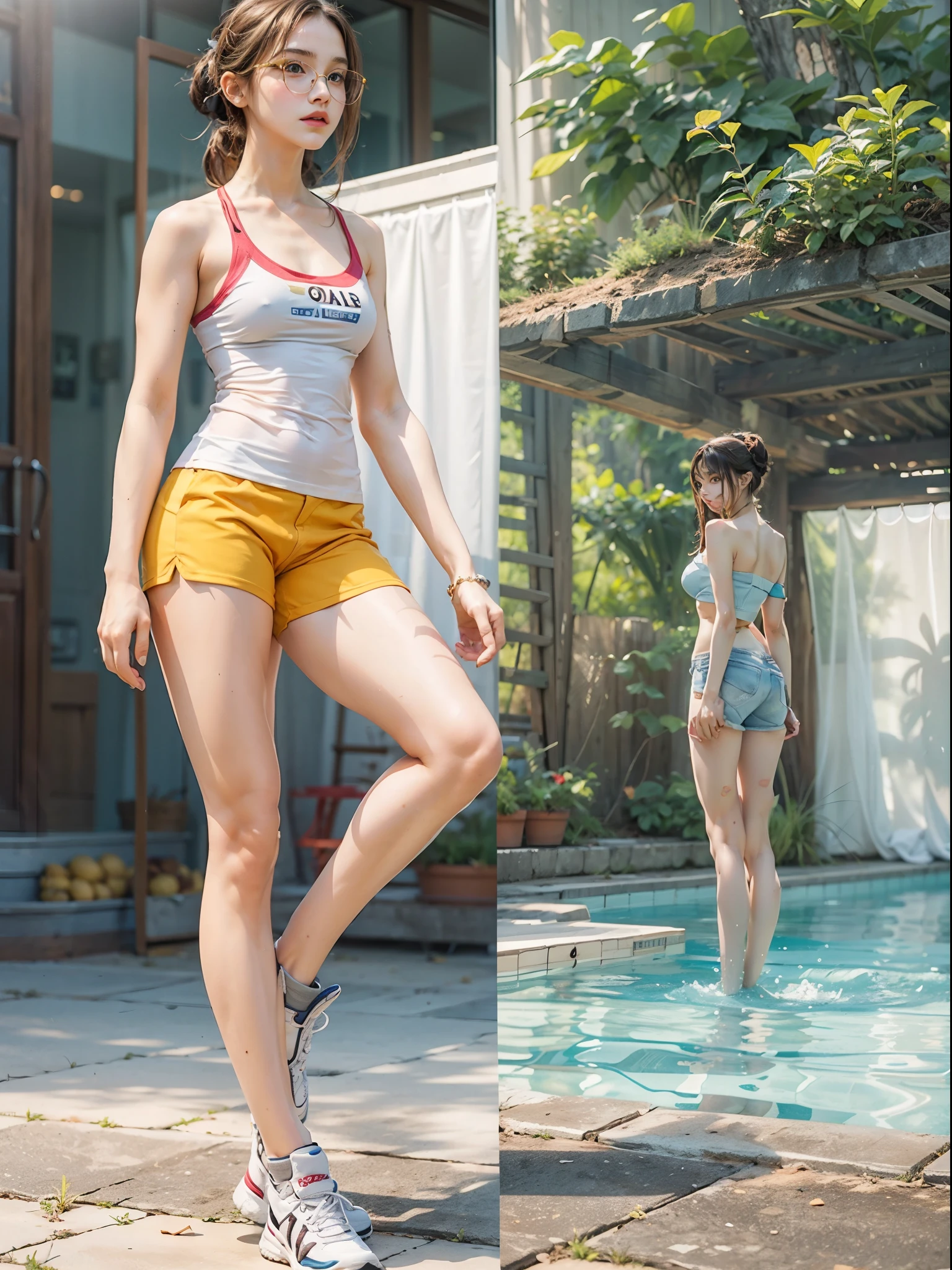 masterpiece, best quality, realistic, colorful, delicate, sharp focus, (PureErosFace_V1:0.5), (detailed beautiful delicate face, high detailed skin, skiny and thin:1.3), 1girl, 19 years old, tall, (smooth_abs:1.55), (abs:0.5), pretty, masterpiece, (long_skinny_legs), (straight_legs), (skinny_waist), (((fair skin))), white skin, bandeau, (school_uniform:swim_suits:0.5), yellow/pink shorts, chestnut brown hair, looking at viewer, yellow/orange sports shoes, glasses, (Emma_watson), big_breast, swimmer, white knit hat, boxer, crop_top, slender_legs