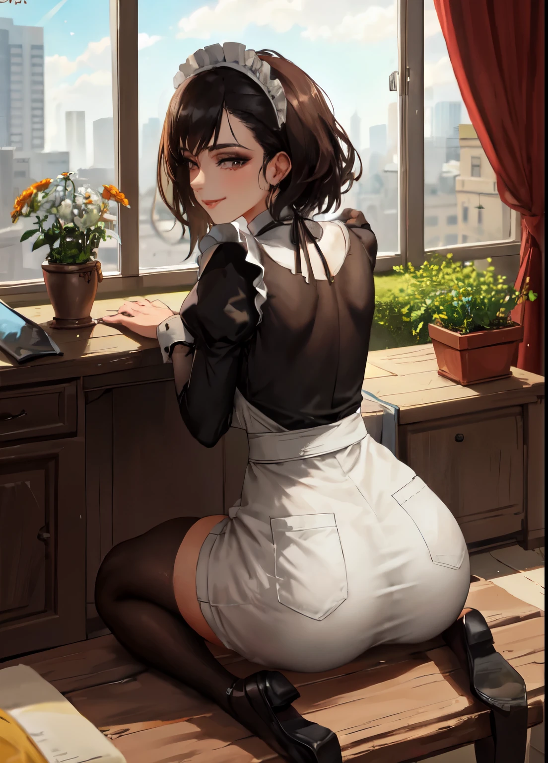 1girl, ass ,maid,victorian,shiny skin ,seductive smile,from behind,sitting,miniskirt,   (masterpiece, high quality:1.2)