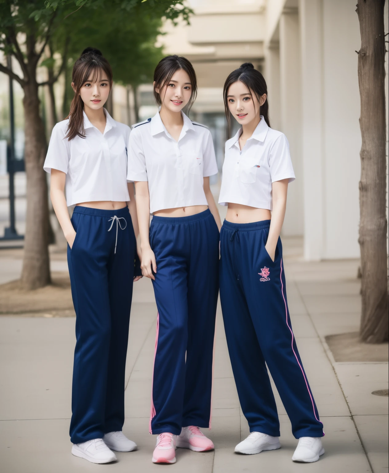 3 girls in fitness center, Navy blue short-sleeved shirt,Navy Long Trackpant,Sweatpants, Sweatpantsขายาว,25 year old girl, lesbian, sexy, exercise clothes, wet body, exercise clothes