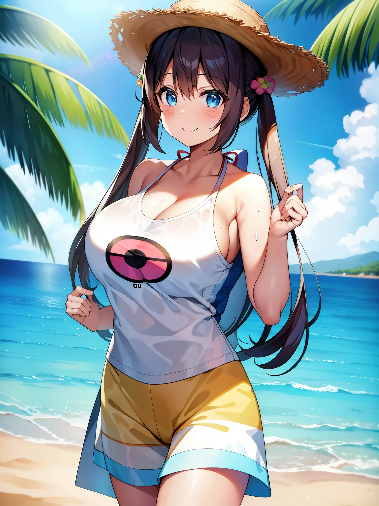 pokémo、big tits milf、big tits milf、big tits milf、RO1、bun hair、blue eyes、twin tails、visor cap、(((aloha shirt)))+++、(((aloha shirt)))+++、(((aloha shirt)))+++、(((aloha shirt)))+++、watch、middle breast、Are standing、cowboy shot、beach、smile、with both hands holding a large towel