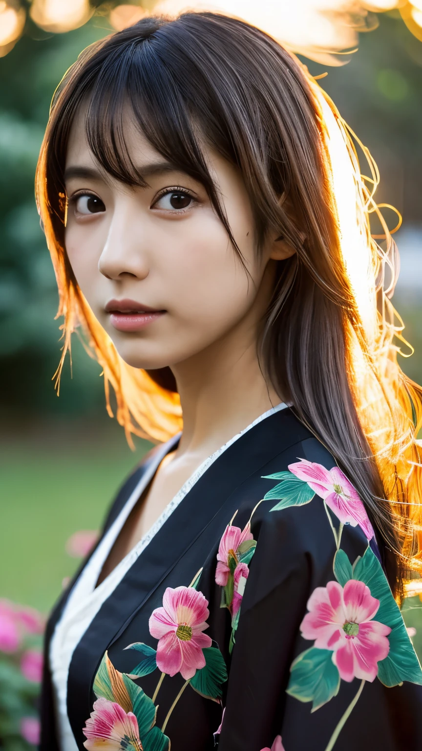 1 Japanese girl,masterpiece, A lock of hair with slight highlights, black eyes, mixed media, Sexy,garden background,Gorgeous kimono , Liquid color flows across her face, sunset,Photographed by Yui Aragaki