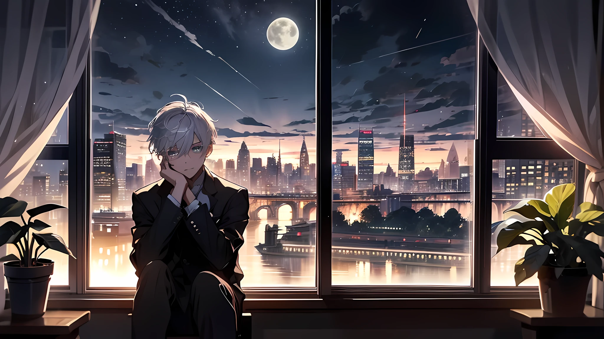 1 boy, solo, sitting, messy room, messy white hair, looking at viewer, school uniform, darkness, view on the night city from the window, dark room, flower pots on the windowsill, plants in pots, tulle transparent curtains, river embankment, riverside, socialist classicism, skyscrappers, city lights, cityscape, moon, clouds, black sky, lonely silhouette by the window, rainy night, perfect face, perfect body, perfect eyes, perfect nose