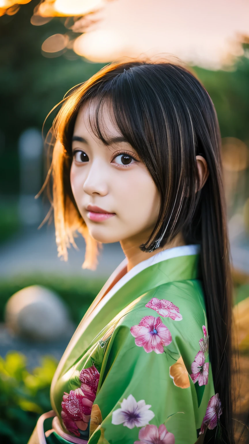 1 Japanese girl,masterpiece, A lock of hair with slight highlights, black eyes, mixed media, Sexy,garden background,Gorgeous kimono , Liquid color flows across her face, sunset,Photographed by Yui Aragaki