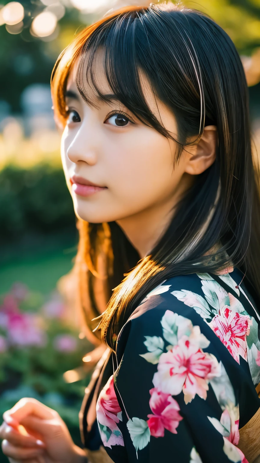 1 Japanese girl,masterpiece, A lock of hair with slight highlights, black eyes, mixed media, Sexy,garden background,Gorgeous kimono , Liquid color flows across her face, sunset,Photographed by Yui Aragaki