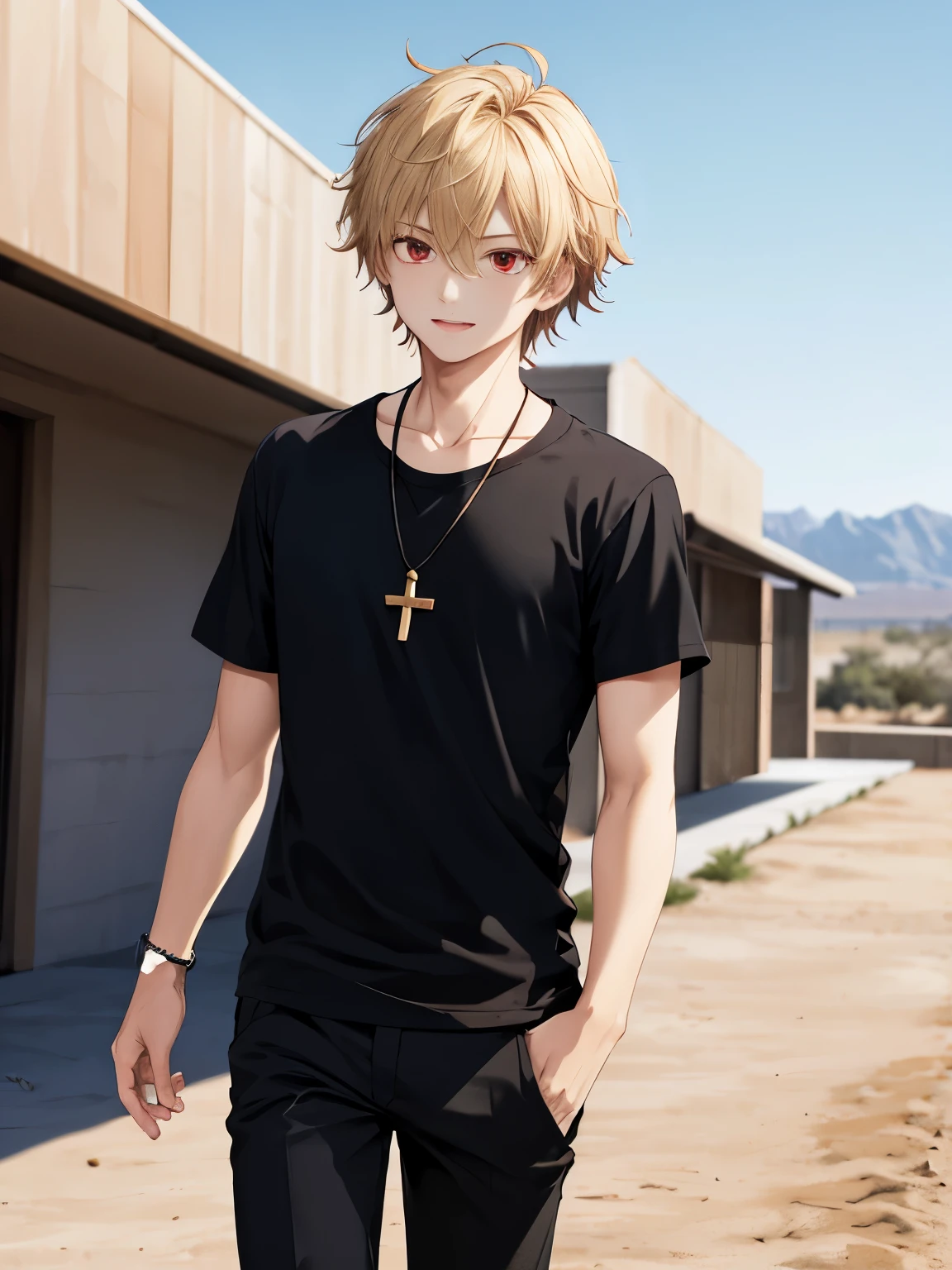 1 man,solo,20 years old,Walking in the desert,,half body photo,HD face,Focus on face,cross necklace,handsome,messy hair,Perfect face, detailed face, short hair, blonde hair,black t-shirt, Plain t-shirt,black t-shirt,short sleeve t-shirt,black trousers, Long pants,red eyes,bright red eyes, vampire