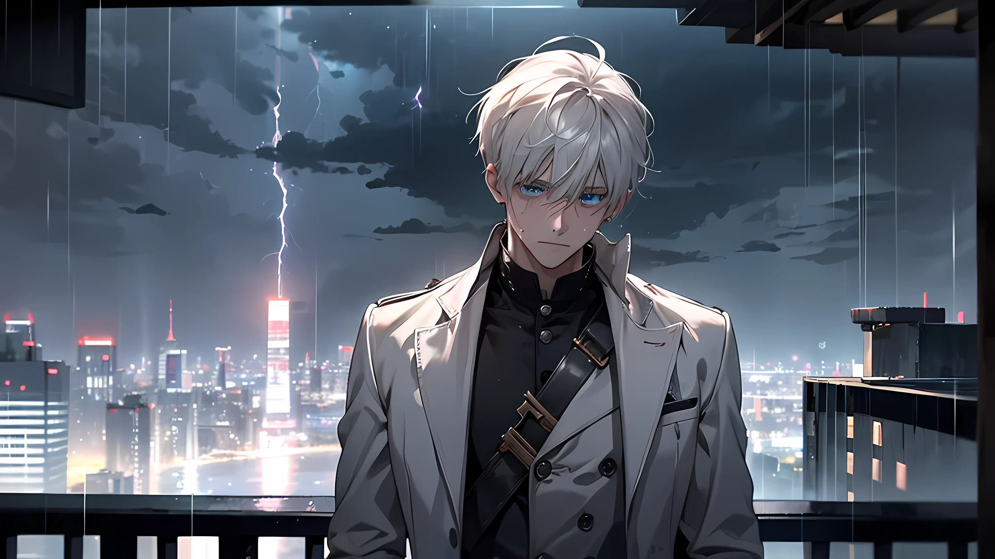 Heavy rain poured down, thunder and lightning at night. A teenager stood alone on the balcony of a tall building, the rain wetting his body and blurring the tears in his eyes. Lightning in the distance streaked across the sky, illuminating the pain and helplessness on his face. In stark contrast to the violent environment outside, the pain in his heart was deeper. perfect eyes, perfect face, perfect body, perfect nose