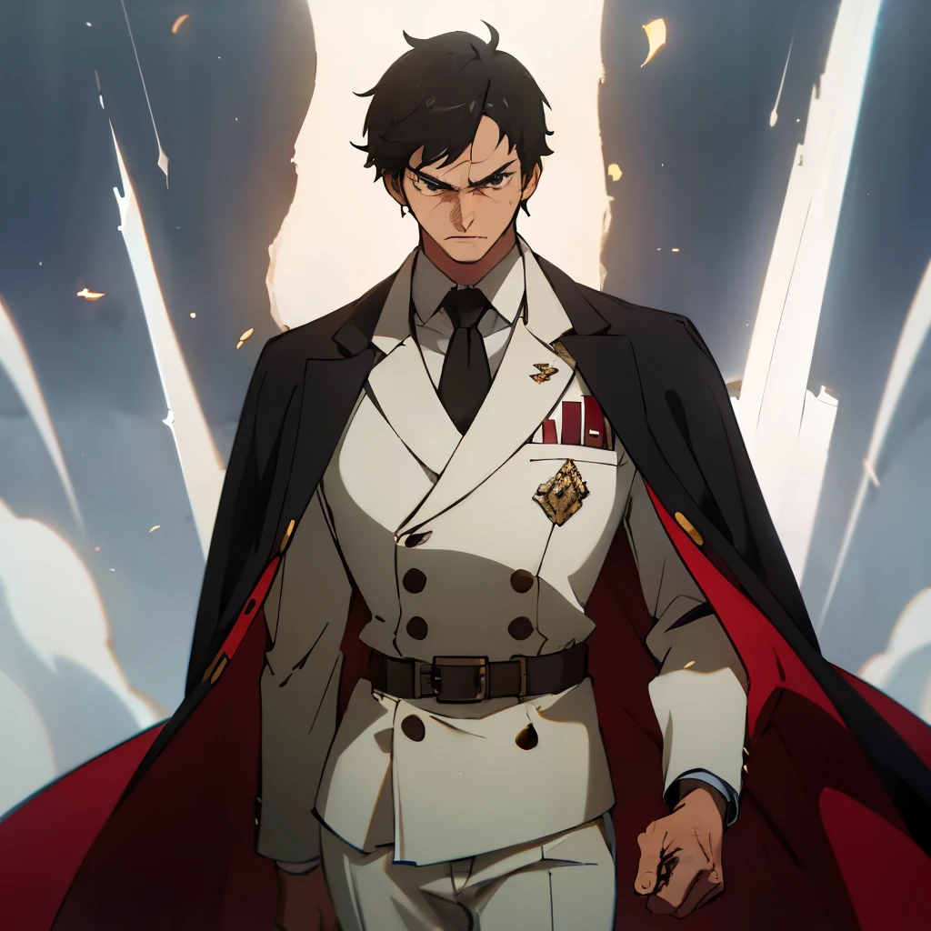 He is portrayed as a tall, fit man with short dark hair and sharp eyes. He has scars on his face, the result of past battles, and is often seen looking serious and determined. He is wearing light armor and clothes reminiscent of a royal guard suit.