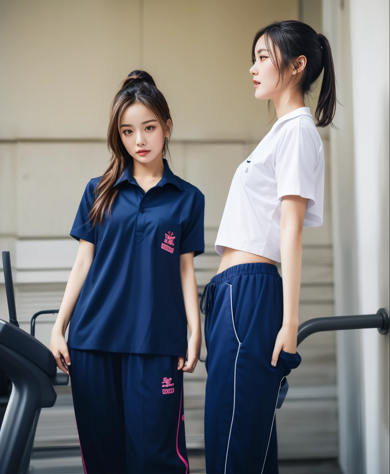 3 girls in fitness center, Navy blue short-sleeved shirt,Navy Long Trackpant,Sweatpants, Sweatpantsขายาว,25 year old girl, lesbian, sexy, exercise clothes, wet body, exercise clothes