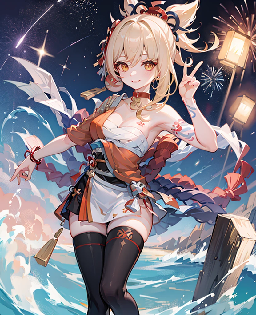 masterpiece, best quality, 1 girl, You Gong_Genshin, looking at existiewer, Smile, 手放exist臀部, exist, peace sign,